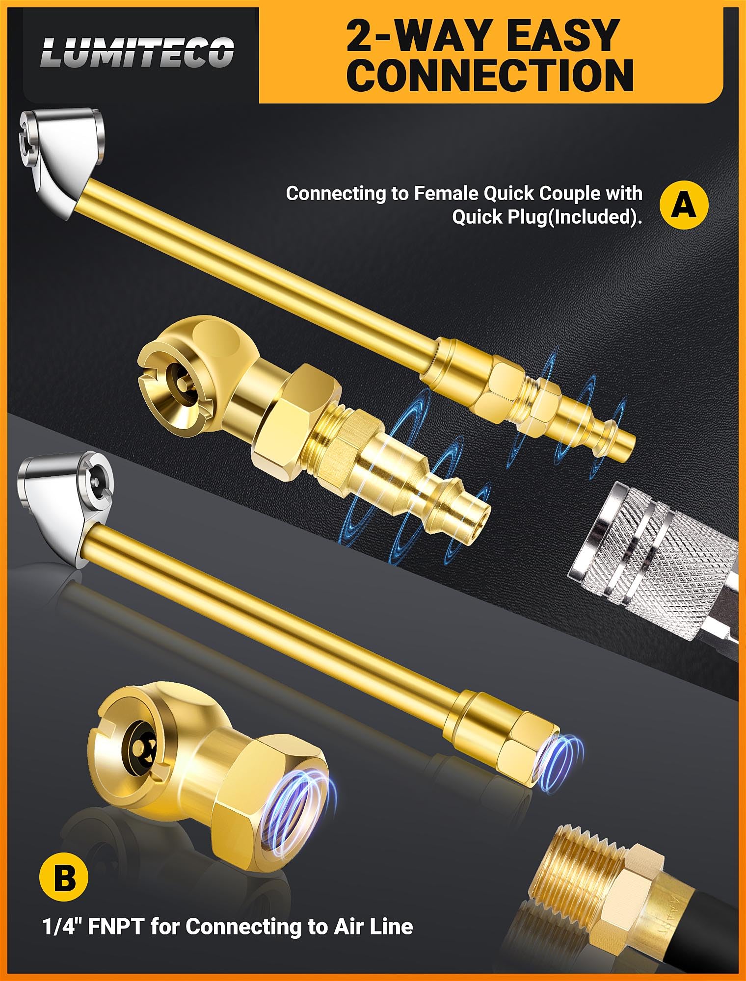 Lumiteco Dual Head Air Chuck Set, Heavy Duty Closed Ball Tire Chuck With 1/4'' Male Npt Quick Plug For 2-Way Quick Connection, N