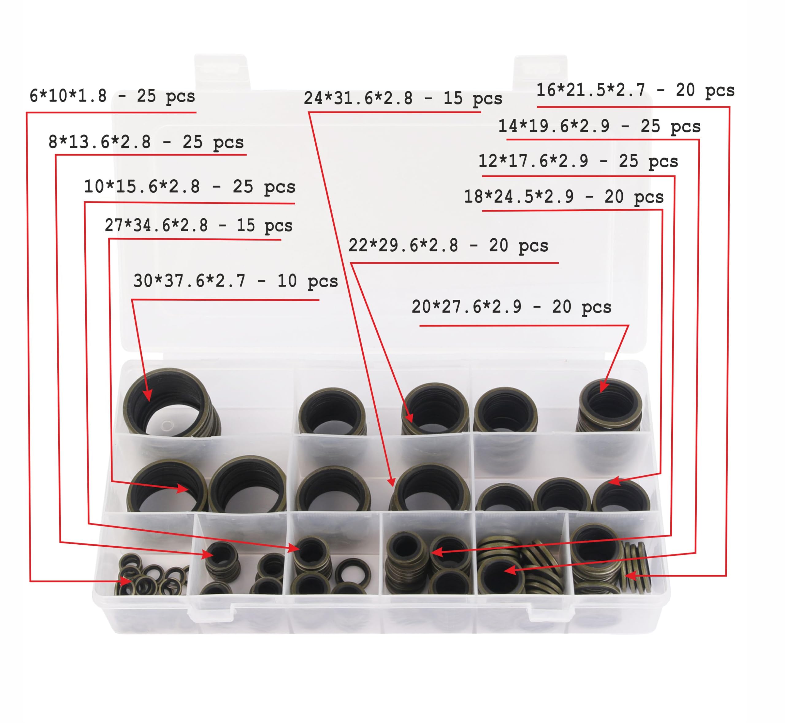 245Pcs Oil Drain Plug Crush Washer Gasket Seal Assortment - 6 8 10 12 14 16 18 20 22 24 27 30 Mm - Universal Fit 245Pcs 12 Sizes
