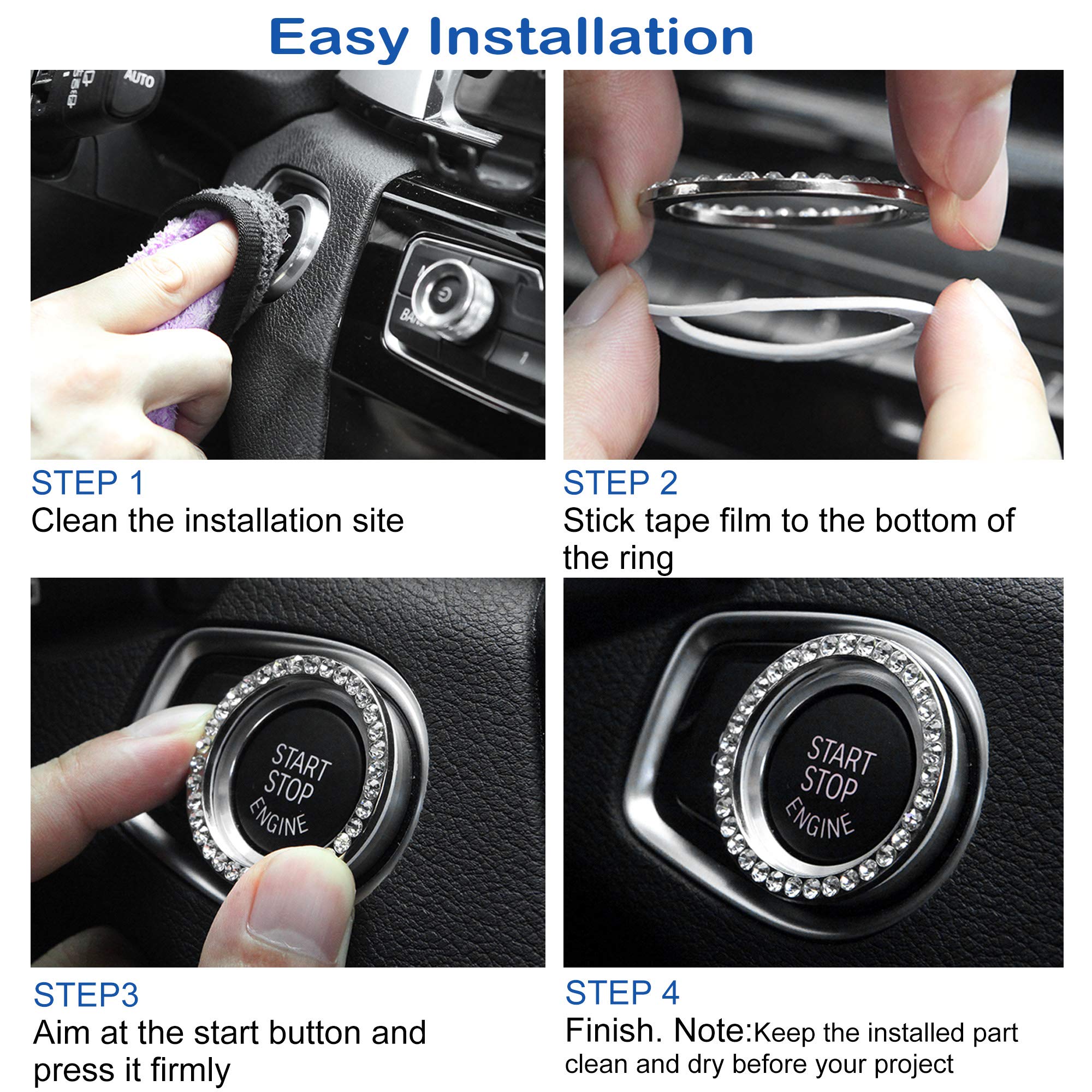 Orrdice 2 Pcs Crystal Rhinestone Ring for Car Decor, Bling Decor Car Emblem Sticker, Push to Start Button,Key Ignition Starter,