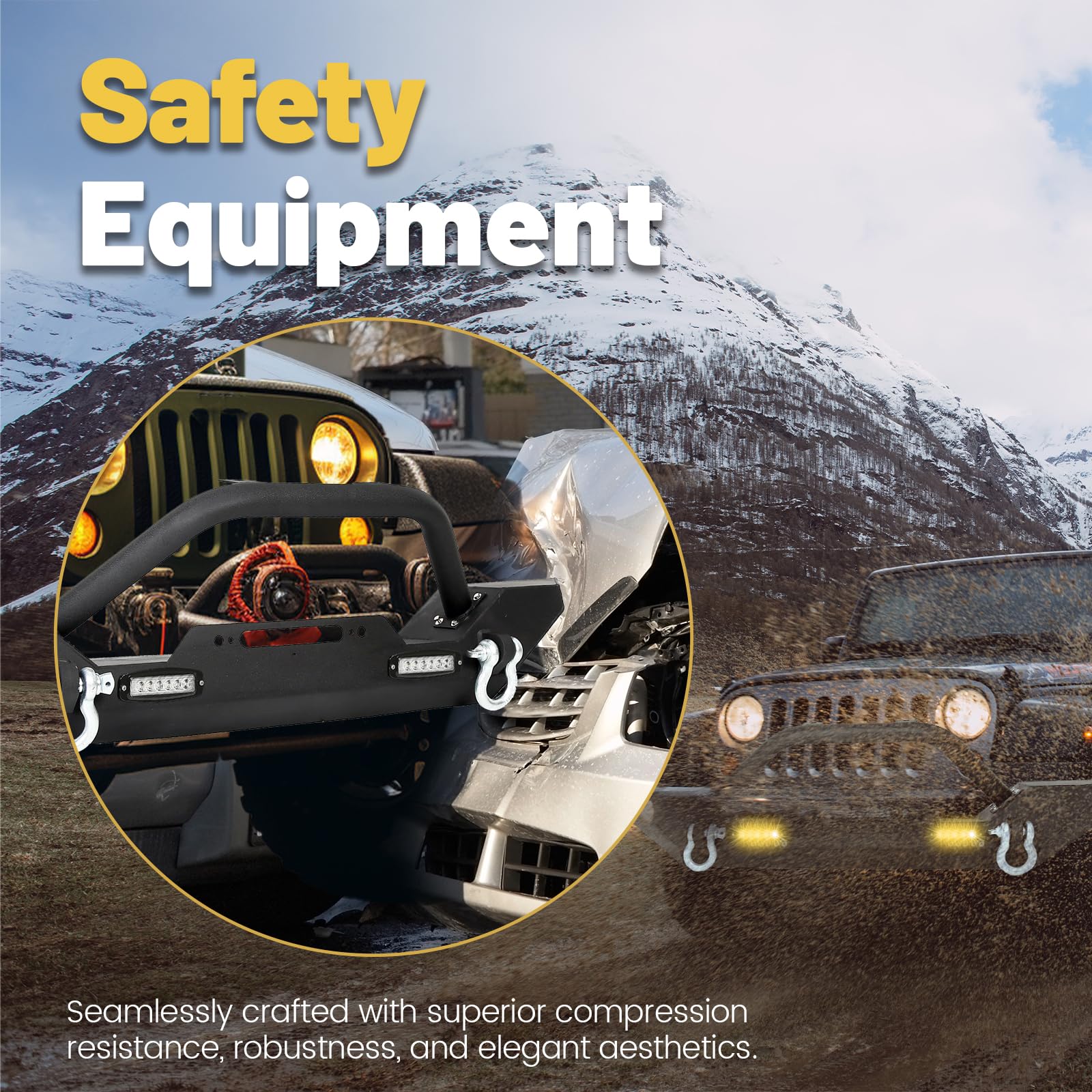 Ecotric Front Bumper Compatible With 1987-2006 Jeep Wrangler Tj Yj With Winch Plate D-Ring And 2 Led Lights Black Rock Crawler H