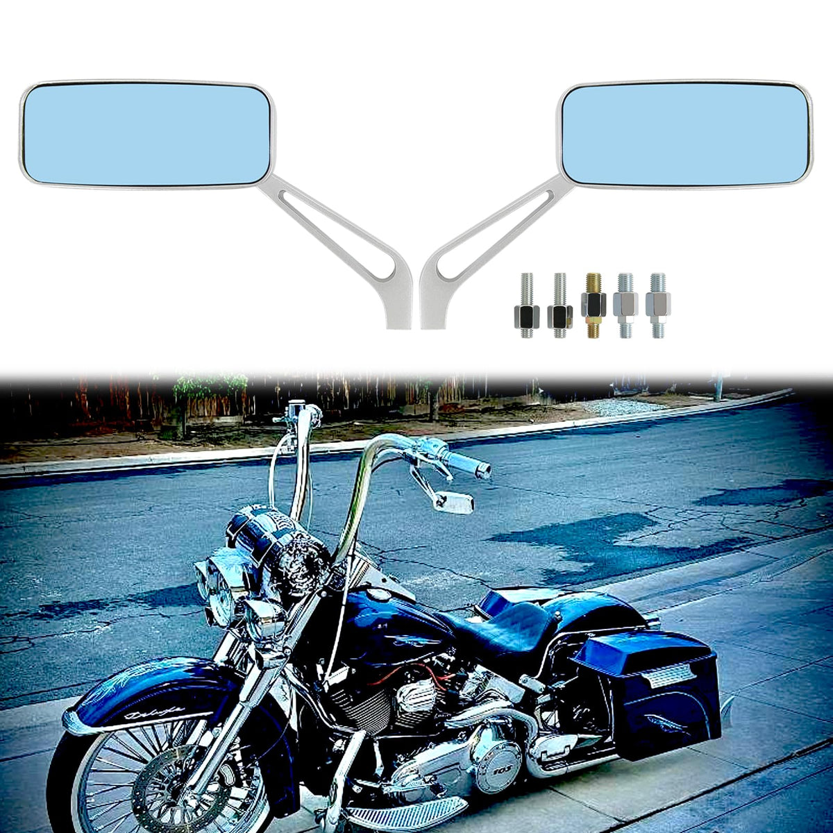 8Mm/10Mm Black Rectangle Motorcycle Rear View Side Mirrors For Cruiser Chopper Honda Kawasaki Suzuki Yamaha (Silver)