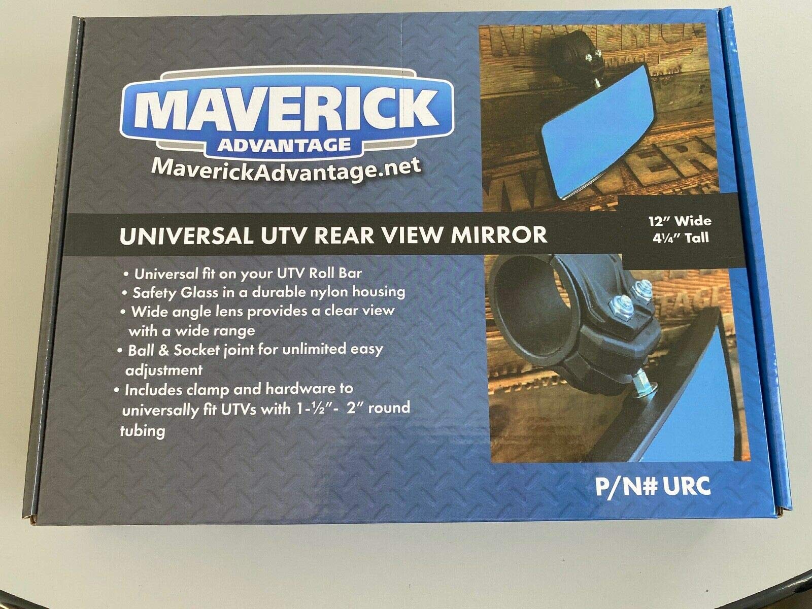 Maverick Advantage Universal UTV Roll Bar Rearview Mirror, 1.5"-2" Size, Black, Fits Kawasaki, Polaris, Honda, Yamaha, Kubota, John Deere