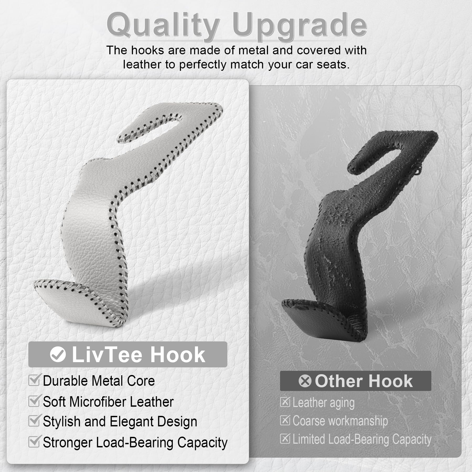 Livtee Gray Superior Leather Car Seat Back Headrest Hook, Auto Seat Hook Hangers Interior Accessories For Purse Coats Umbrellas