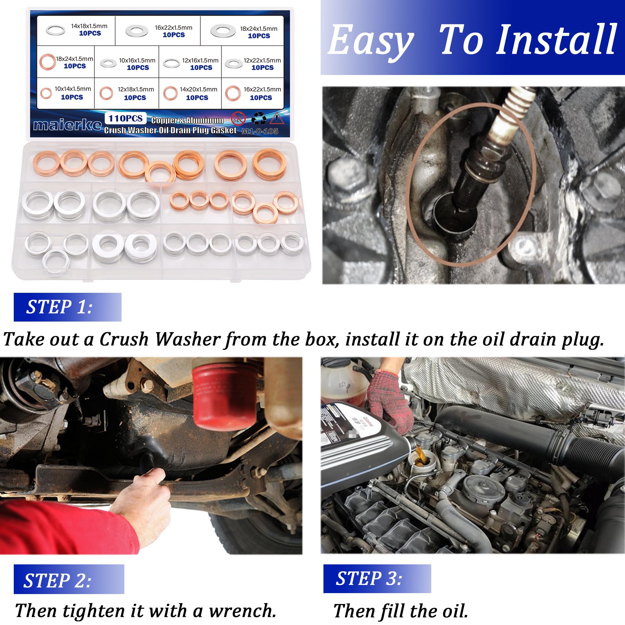 maierke 110PCS Crush Washer Oil Drain Plug Gasket Assortment,50PCS 5 Sizes Copper and 60PCS 6 Sizes Aluminum Oil Plug Washers Au