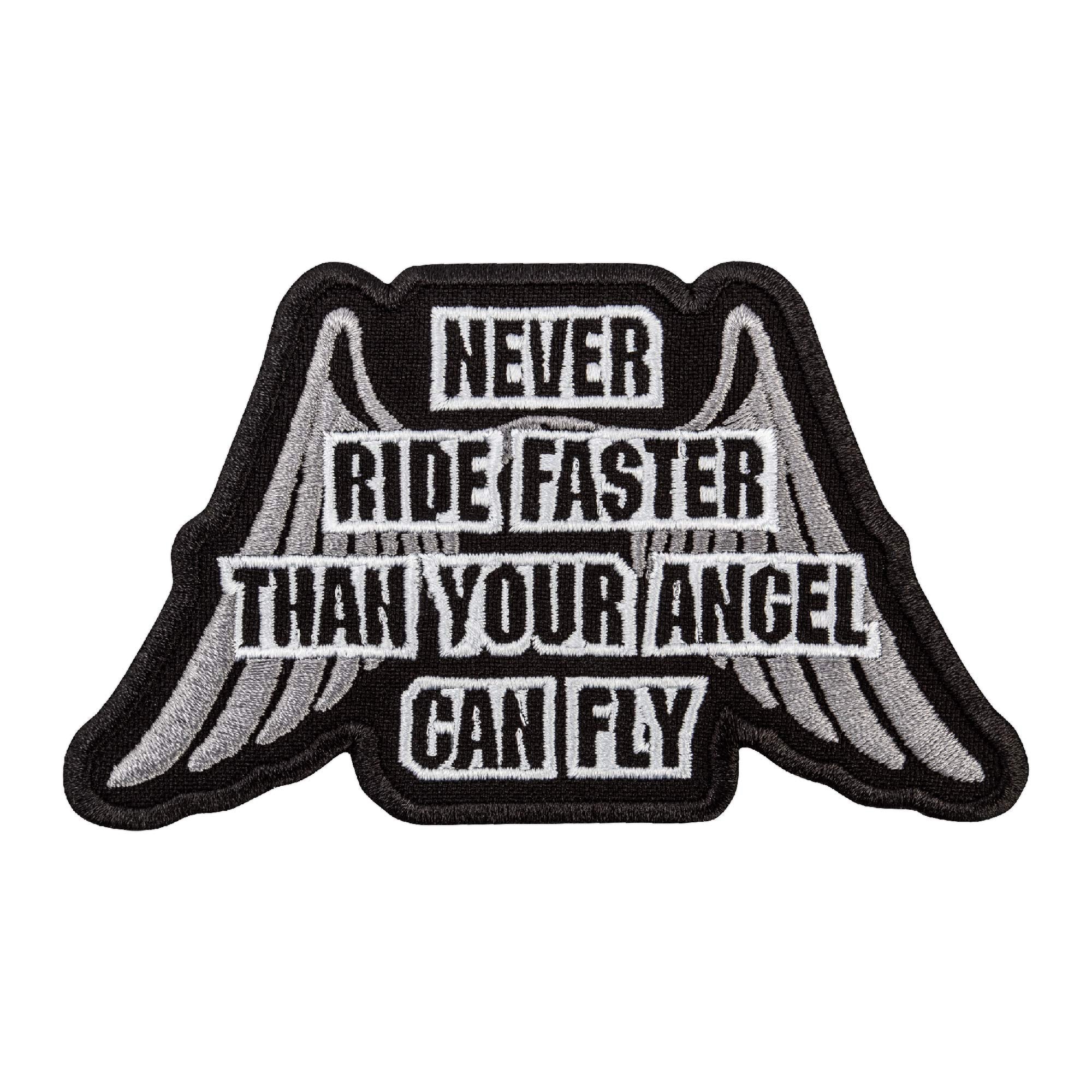 Embroverse Embroidered Motorcycle Jacket Patch, Never Ride Faster Than Your Angel Can Fly, Sew Or Iron On For Backpacks, Saddleb