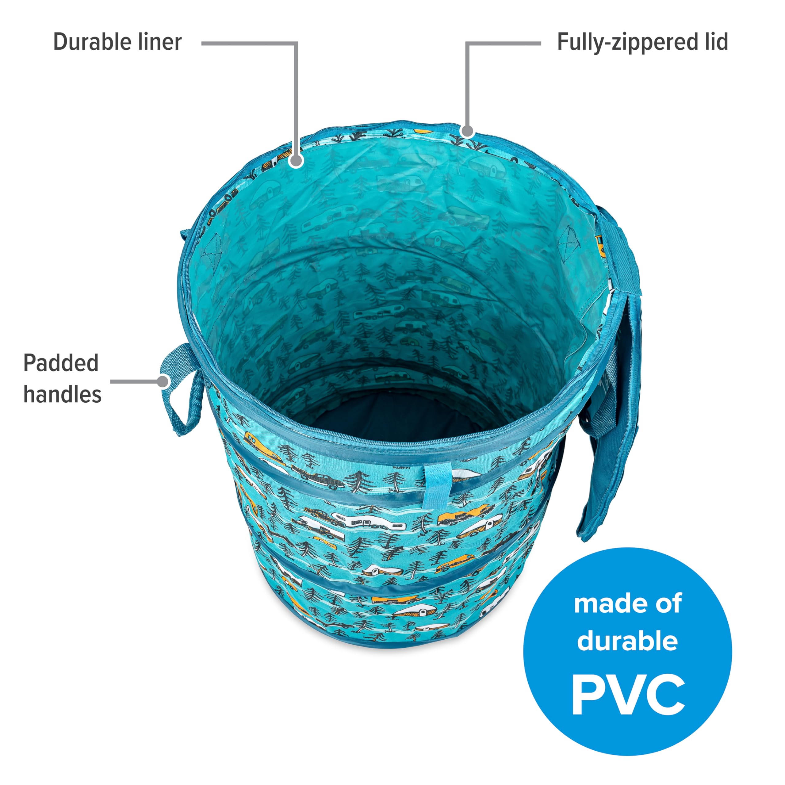 Camco Life is Better at The Campsite Pop-Up Utility Container - 18 x 24-inch - A Compact Size for Multi-Purpose Use - Sketched RVs and Trees Pattern (42987)