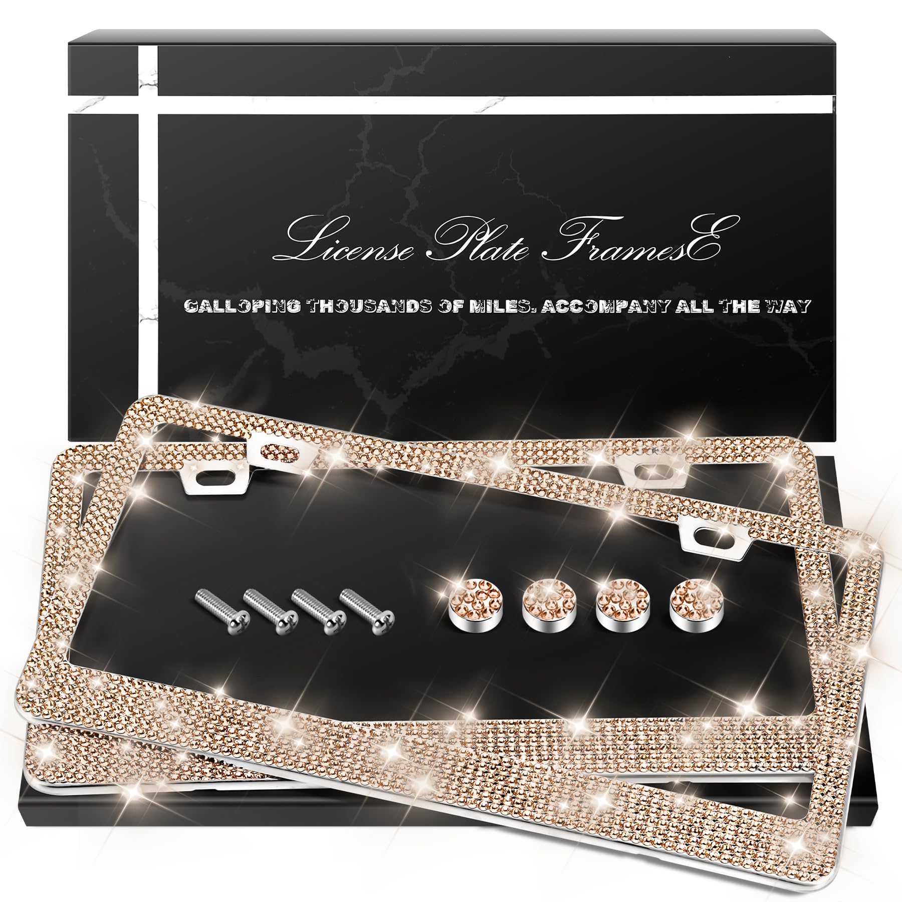 Quanqiufei 2 Pack Bling License Plate Frames, Sparkly Rhinestone Diamond Car License Plate Cover For Women, Stainless Steel Car 