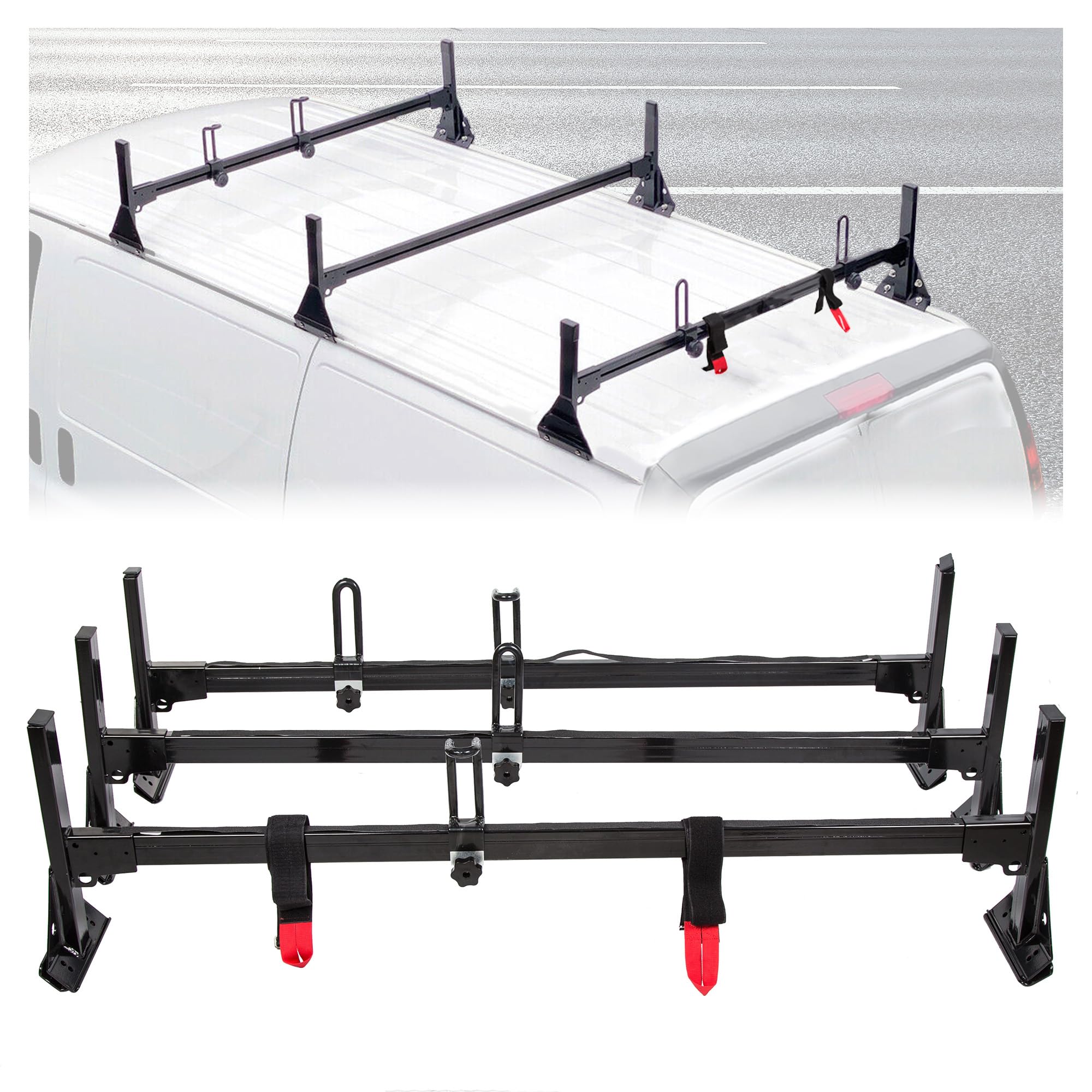 Ecotric Van Ladder Racks 3 Bar Roof Racks 59 Inches Compatible With 1996-Up Chevy Express Fullsize 800 Lbs Capacity Steel Black