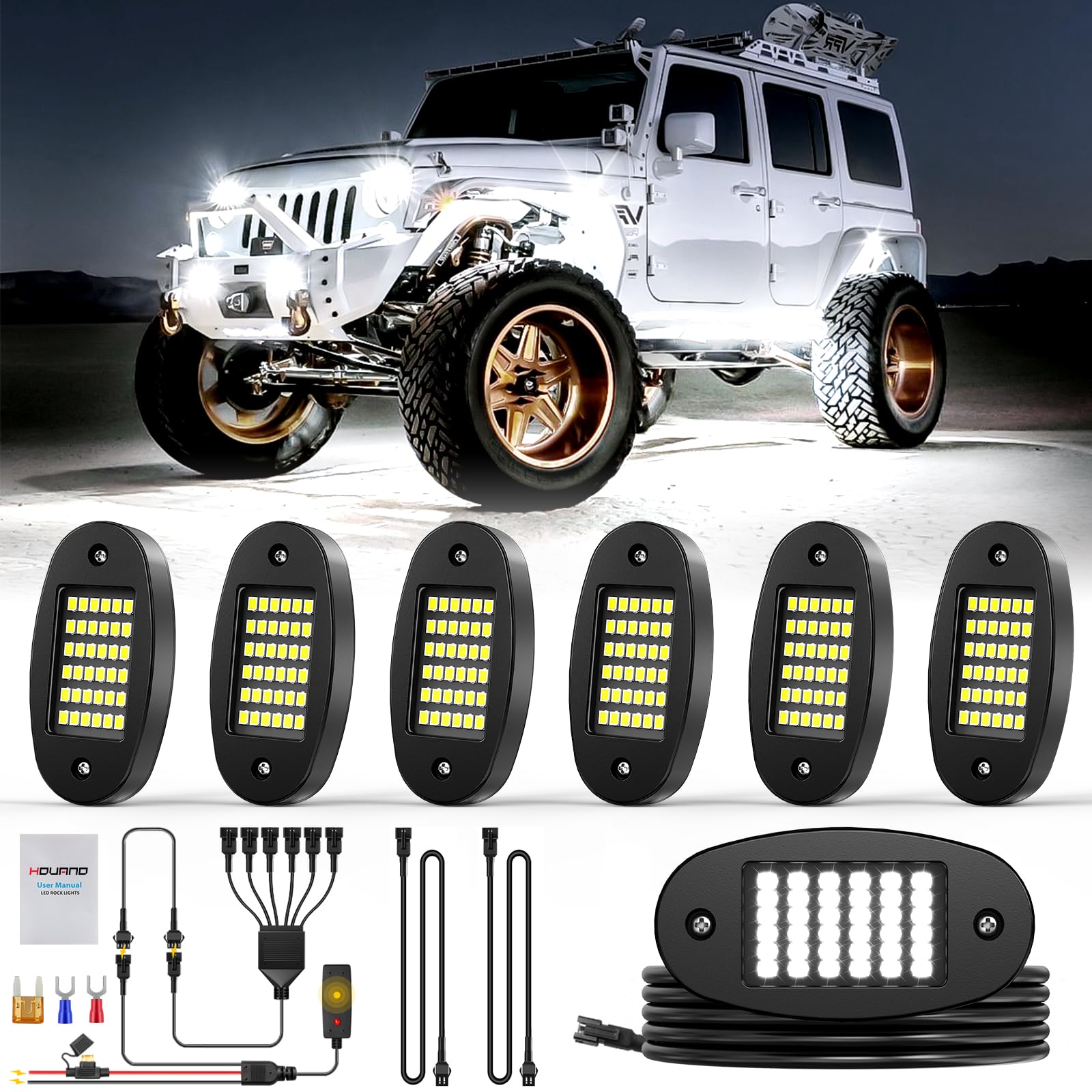 Hovano 6 Pods White Rock Light Kit with Wired Switch - 6500K Pure White LED Underglow, IP68 Waterproof, Super Bright 36 LEDs for