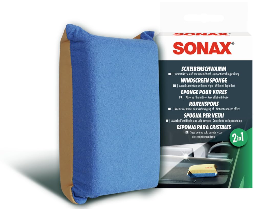 Sonax Windscreen Sponge 417100 | Dual Action Cleaning Sponge For Streak Free Glass | Easily Removes Dirt Fog And Condensation From Windshields Windows And Mirrors | Compact And Reusable