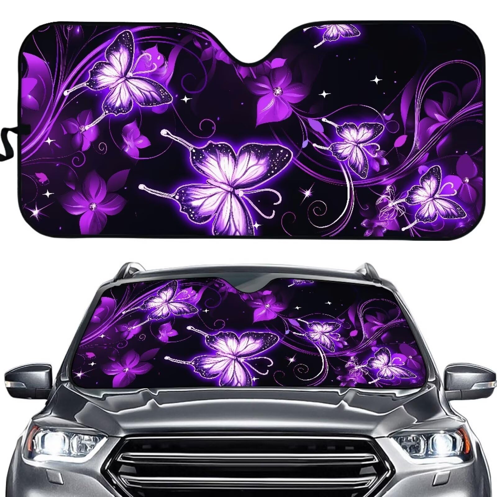Suhoaziia Butterfly Purple Floral Car Front Windshield Sun Shade Keeps Your Vehicle Cool Sun Visor for UV Rays and Sun Heat Prot