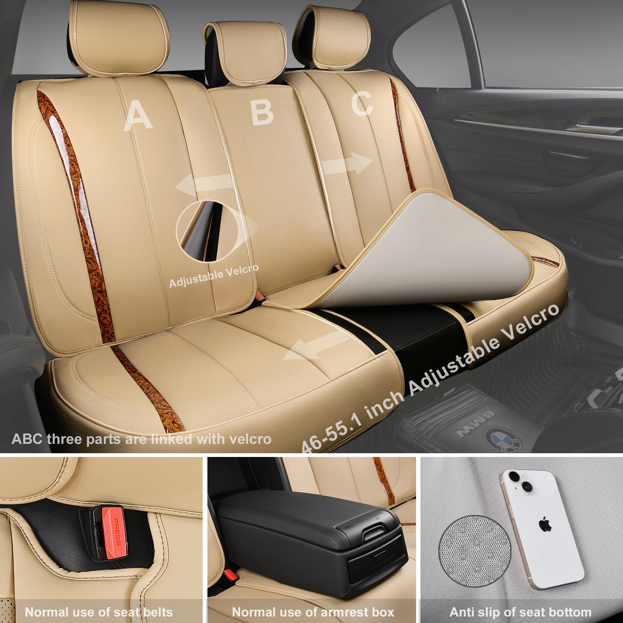 Car Pass Beige Leather Car Seat Covers, Breathable Waterproof Nappa Automotive Seat Covers Full Set, Anti-Slip Driver Seat Cushi