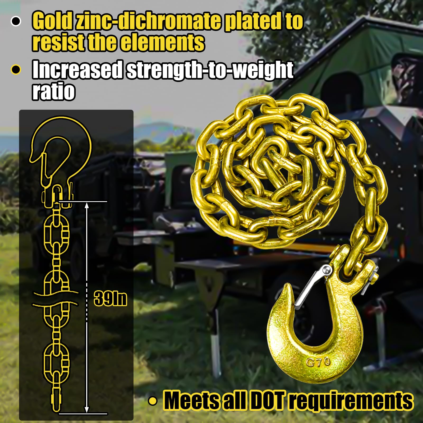 Fithoist G80 Trailer Safety Chain 39 Inch | Tow Chain With 3/8'' Clevis Snap Hook | 2-Pack Heavy Duty Chain Break Strength 25,00