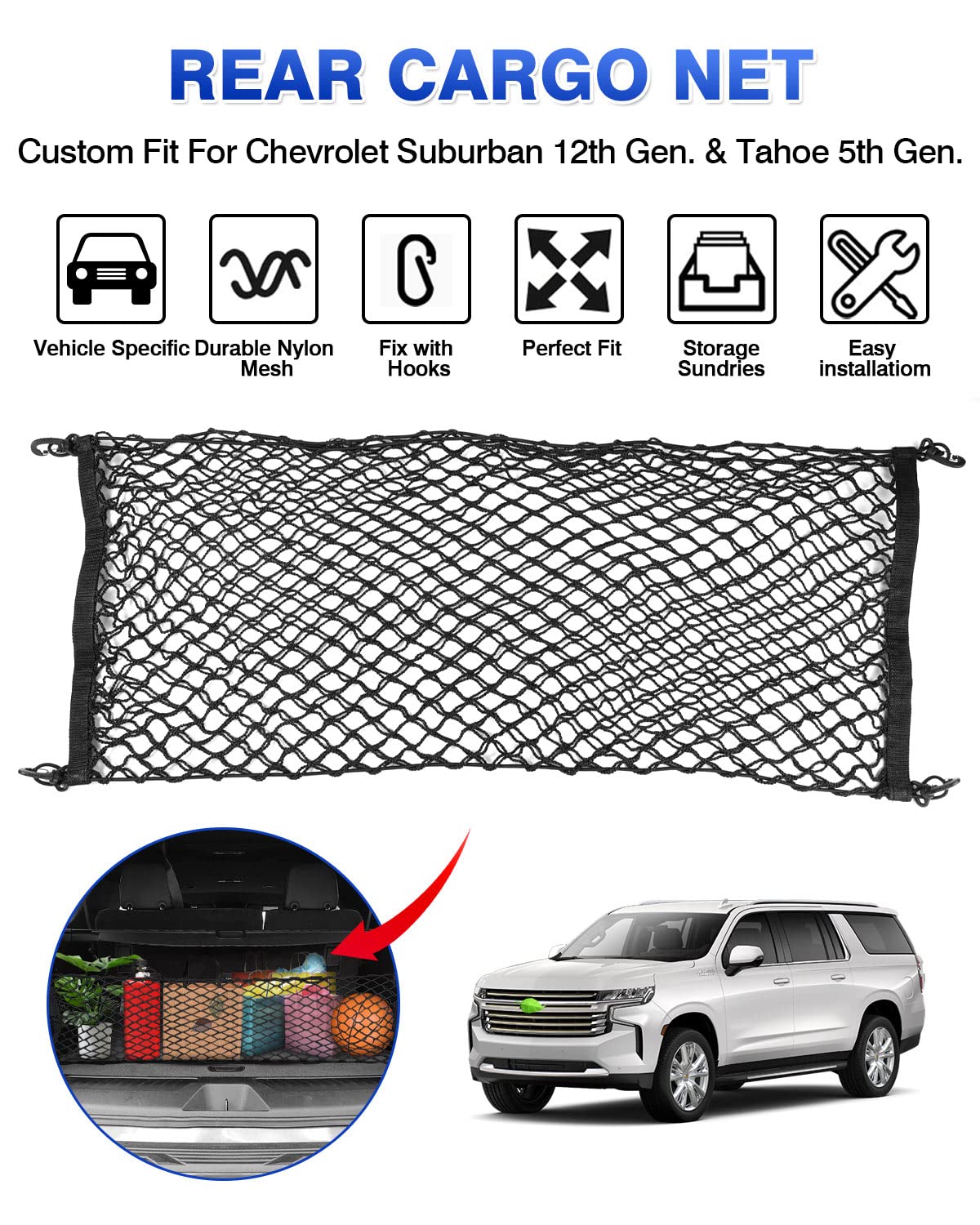 Karltys Envelope Style Cargo Net For 2015-2025 Chevy Tahoe/Suburban/Gmc Yukon Accessories, Adjustable Elastic Rear Trunk Cargo N