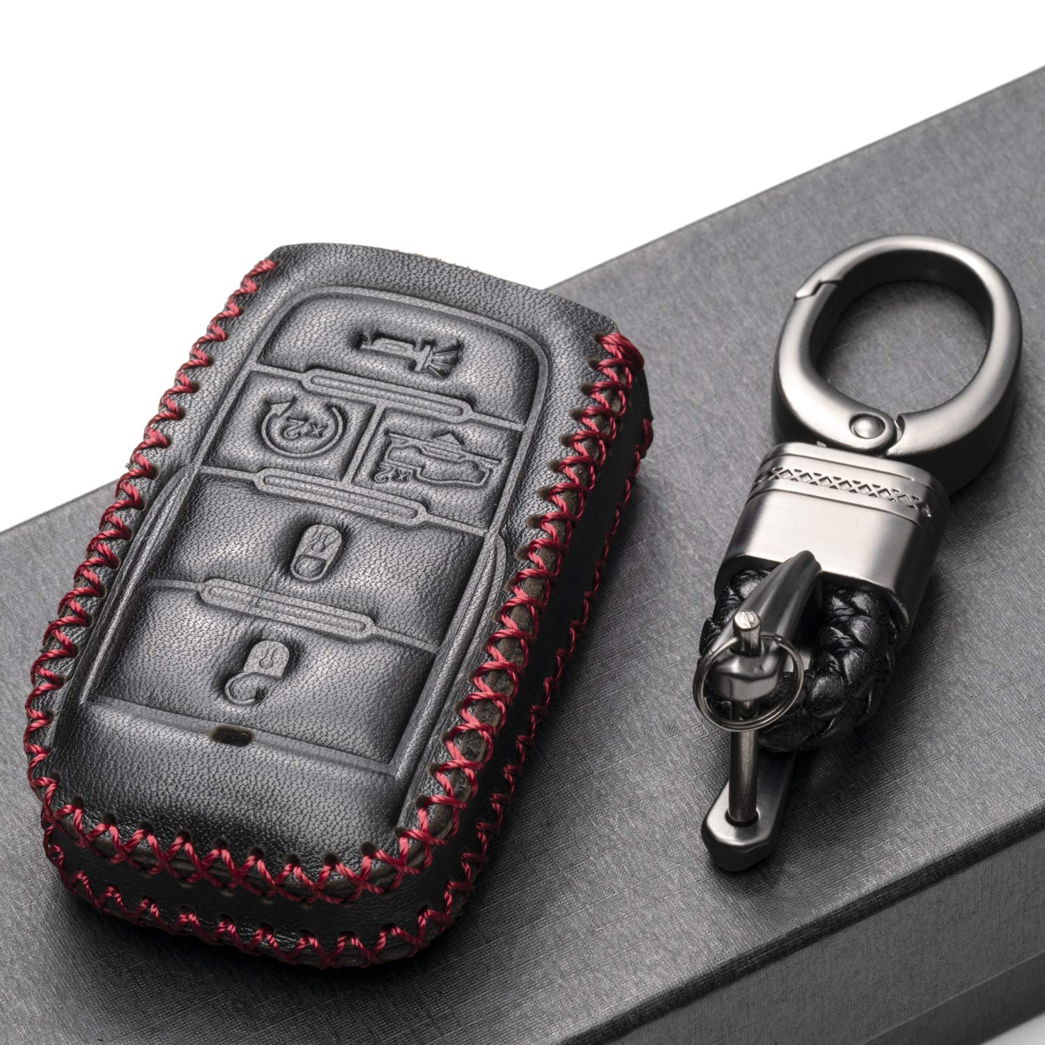 Vitodeco Genuine Leather Smart Key Fob Case Cover Protector - 5-Button With Suspension, Compatible With Ram 1500, 2500, 3500 (20