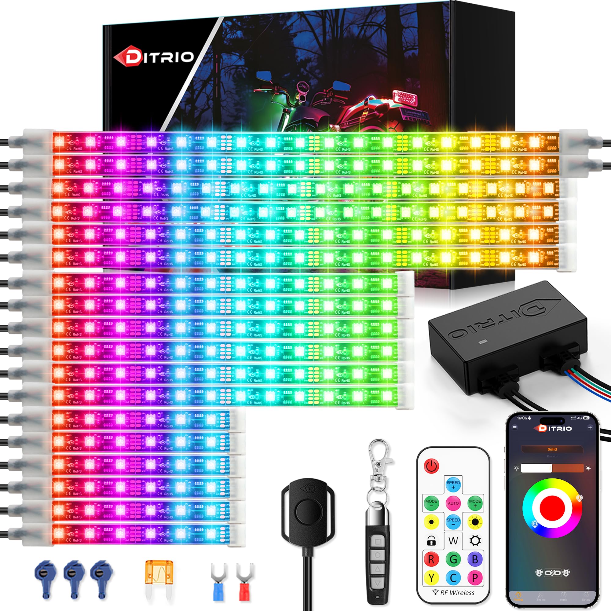 18PCS Motorcycle Led Lights with Brake Turn Signal, Underglow Light Kits with DITRIO APP/RF Remote Control, Dual Zone,Waterproof