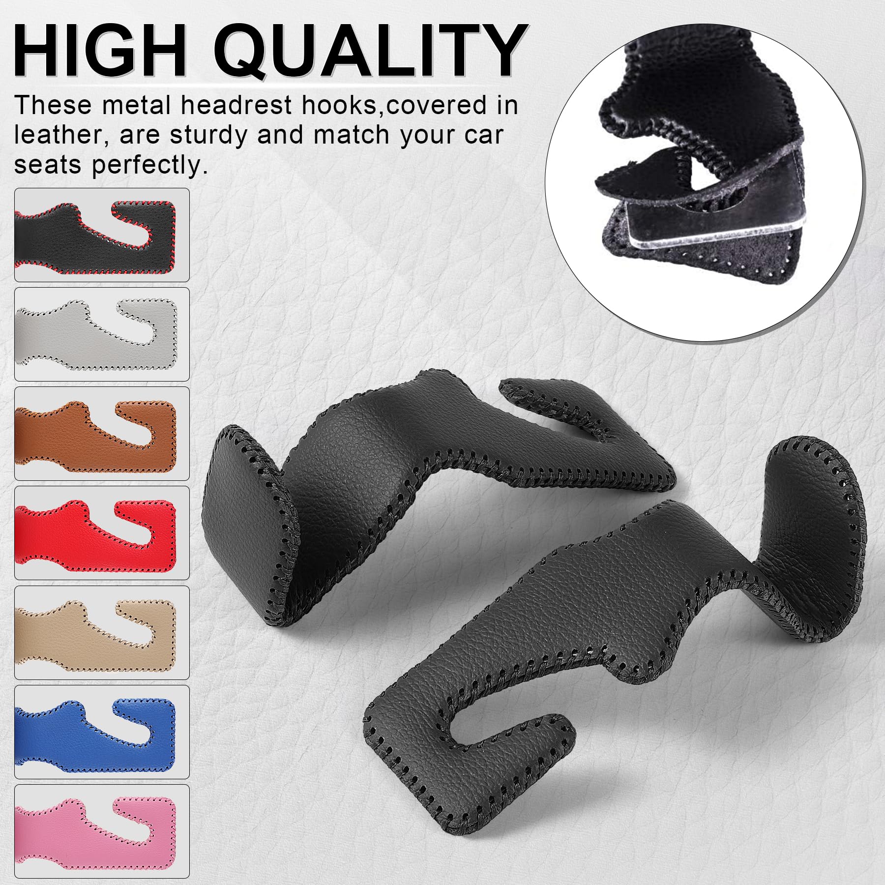 Livtee Black Superior Leather Car Seat Back Headrest Hooks, Auto Seat Hook Hangers Interior Accessories For Purse Coats Umbrella