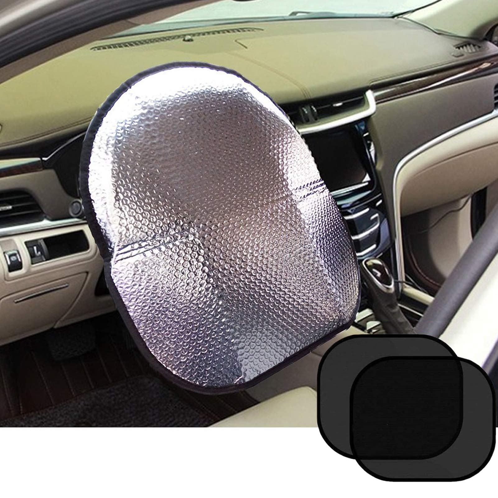 Big Ant Steering Wheel Cover Sun Shade + Bonus Side Window Sunshade-Heat Reflector Fit Most Jumbo/Standard Car-Sliver (20.1''X 1