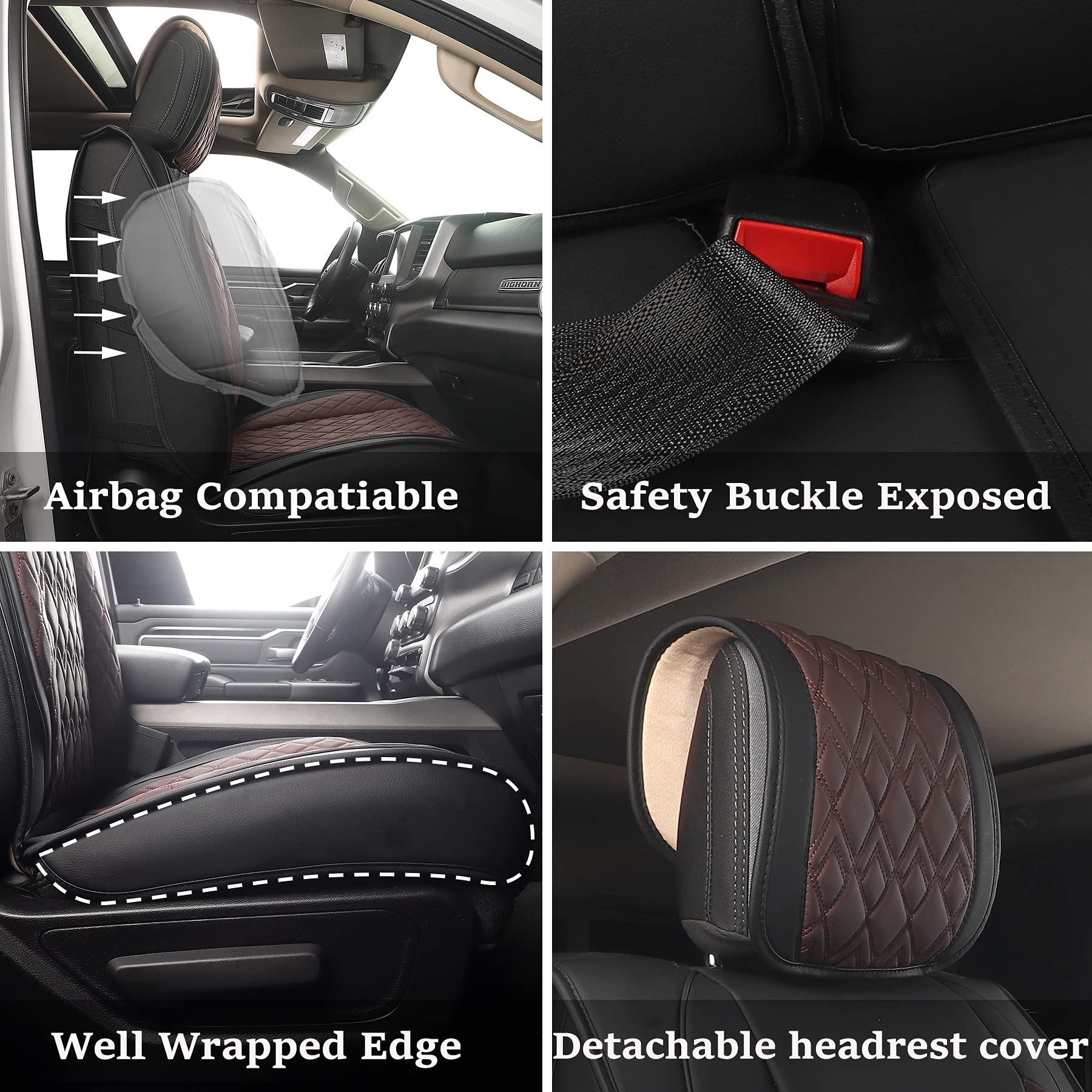 Jojobay Car Seat Covers For Dodge Ram 2 Pcs Front,Fit Ram 2009-2023 1500/2500/3500 Pick-Up Truck,Crew,Regular,Quad,Mega Cab,Waterproof Leather Seat Covers Protectors(2Pcs Front,Black-Brown)