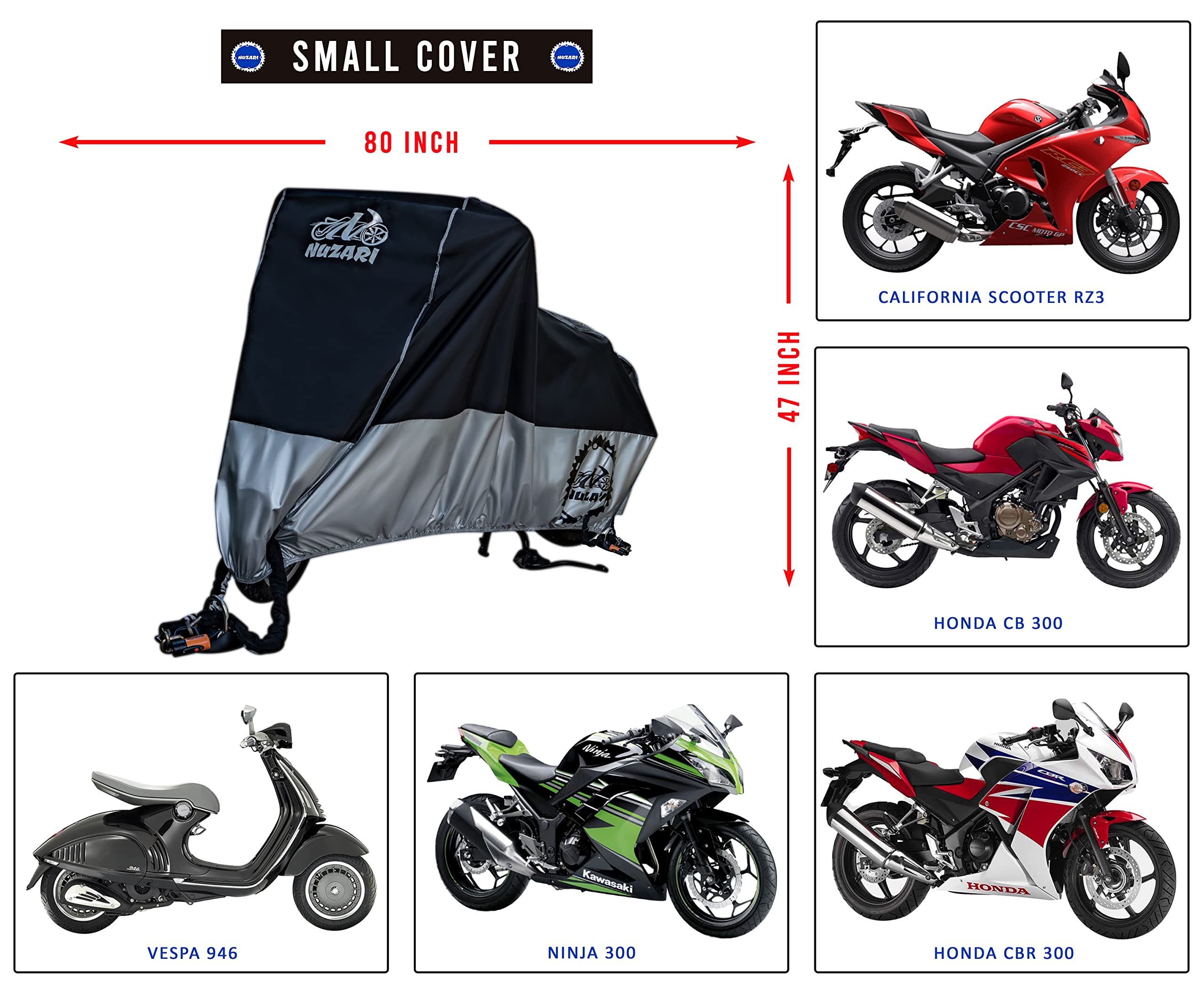 Nuzari Heavy Duty Small 250cc Motorcycle Cover - Motorcycle Covers Waterproof Outdoor Storage - Vespa Cover Waterproof Outdoor -