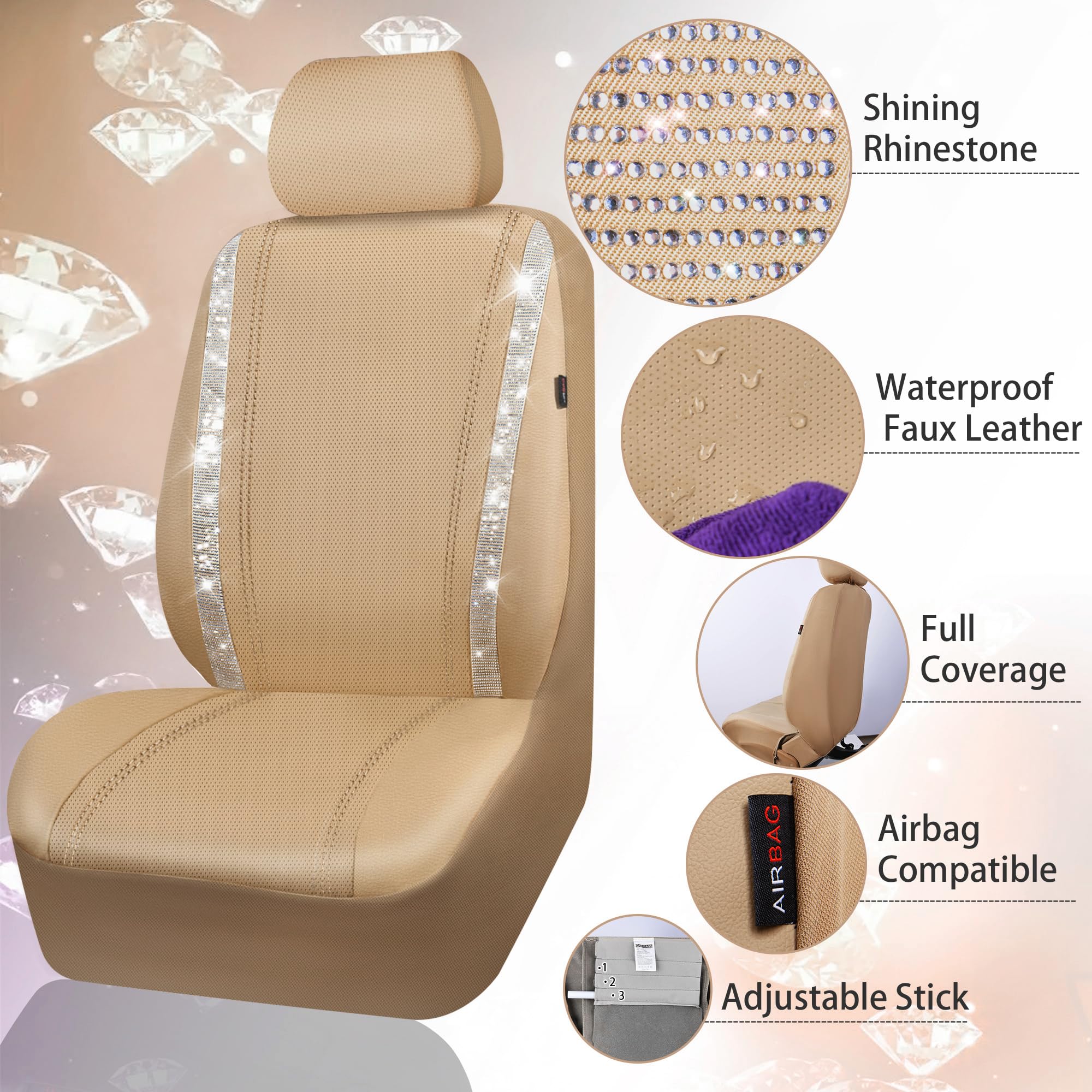 Car Pass Cow Diamond Leather Bling Car Seat Covers Universal, Faux Shining Rhinestones Two Front Only, Fit 95% Automotive Glitte