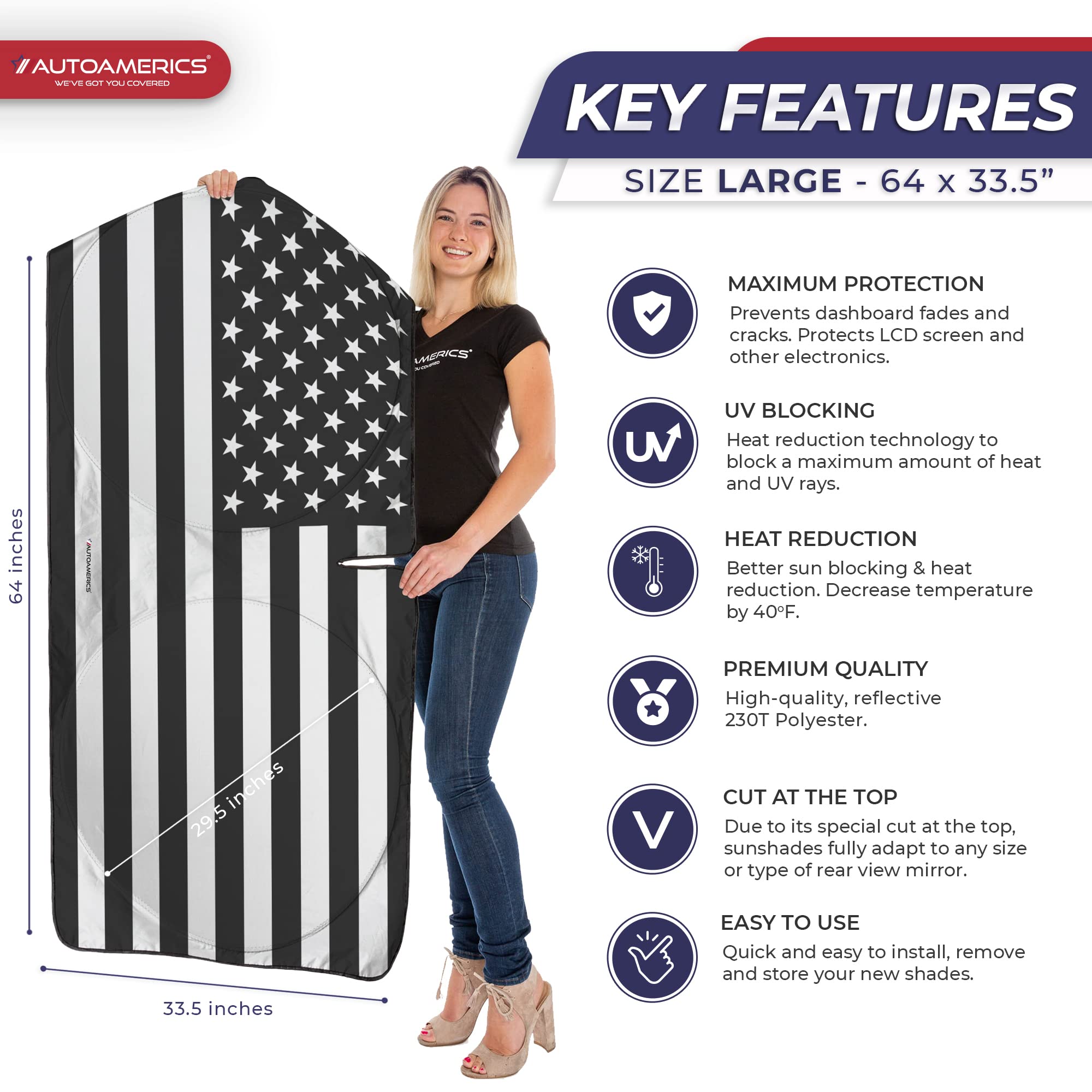 Autoamerics 1-Piece Windshield Sun Shade B&W American Flag Usa Patriotic Design - Foldable Car Fits Easily To Suv & Truck Vehicl
