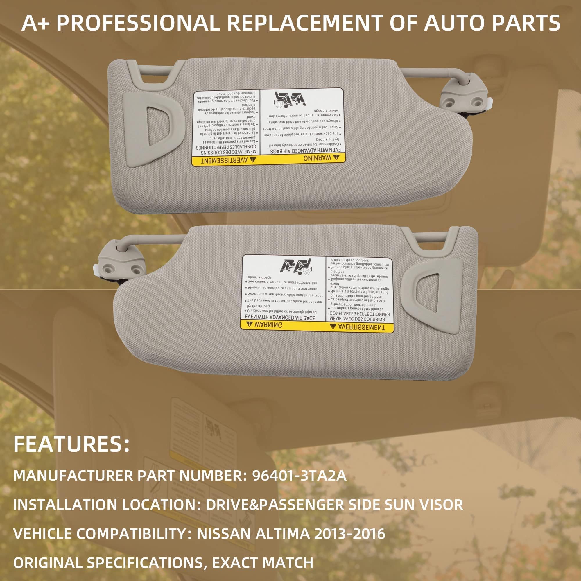 Dasbecan Gray Pair Sun Visor Compatible With Nissan Altima 2013-2018 With Mirror And Vanity Light Without Sunroof Replaces# 9640