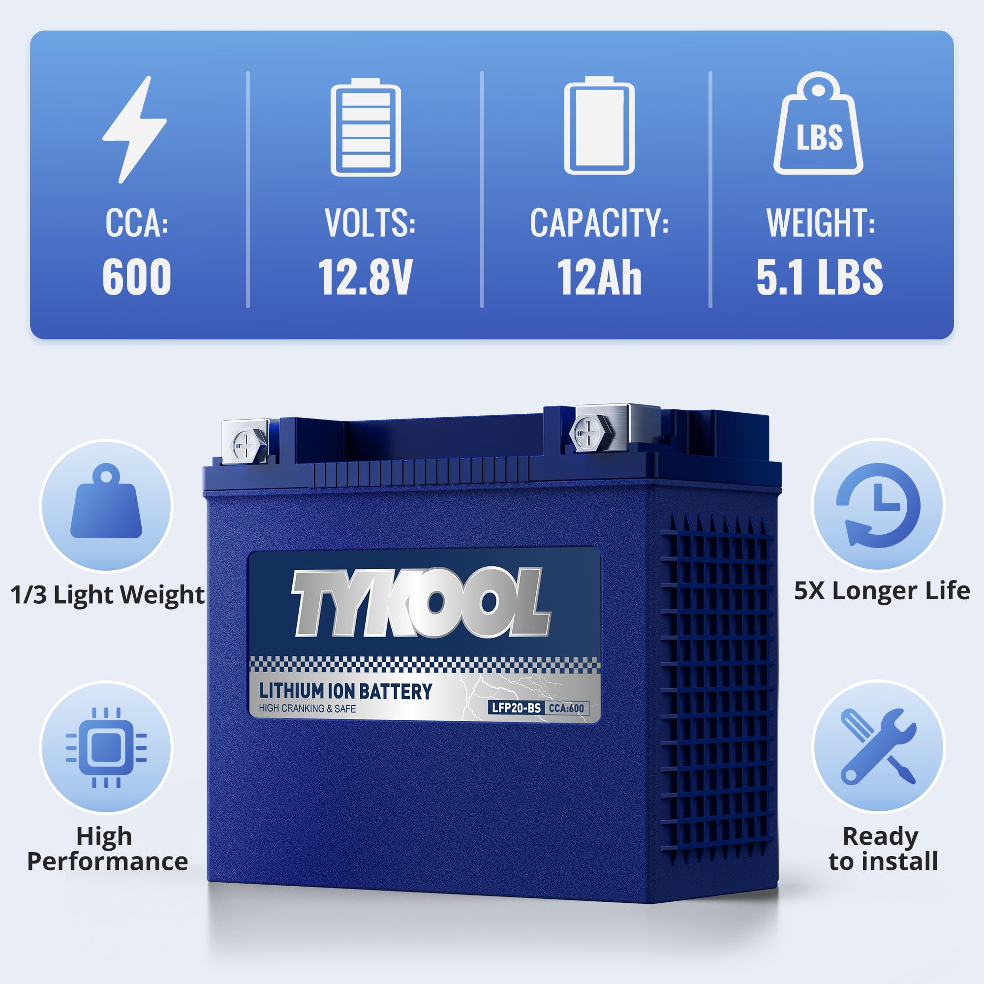 Ytx20-Bs/Ytx20H-Bs/Gyz20H Lithium Lifepo4 Motorcycle Battery, 600Cca,12Ah,Built In Bms, Powersports Battery,For Atv,Utv,Jet Ski,