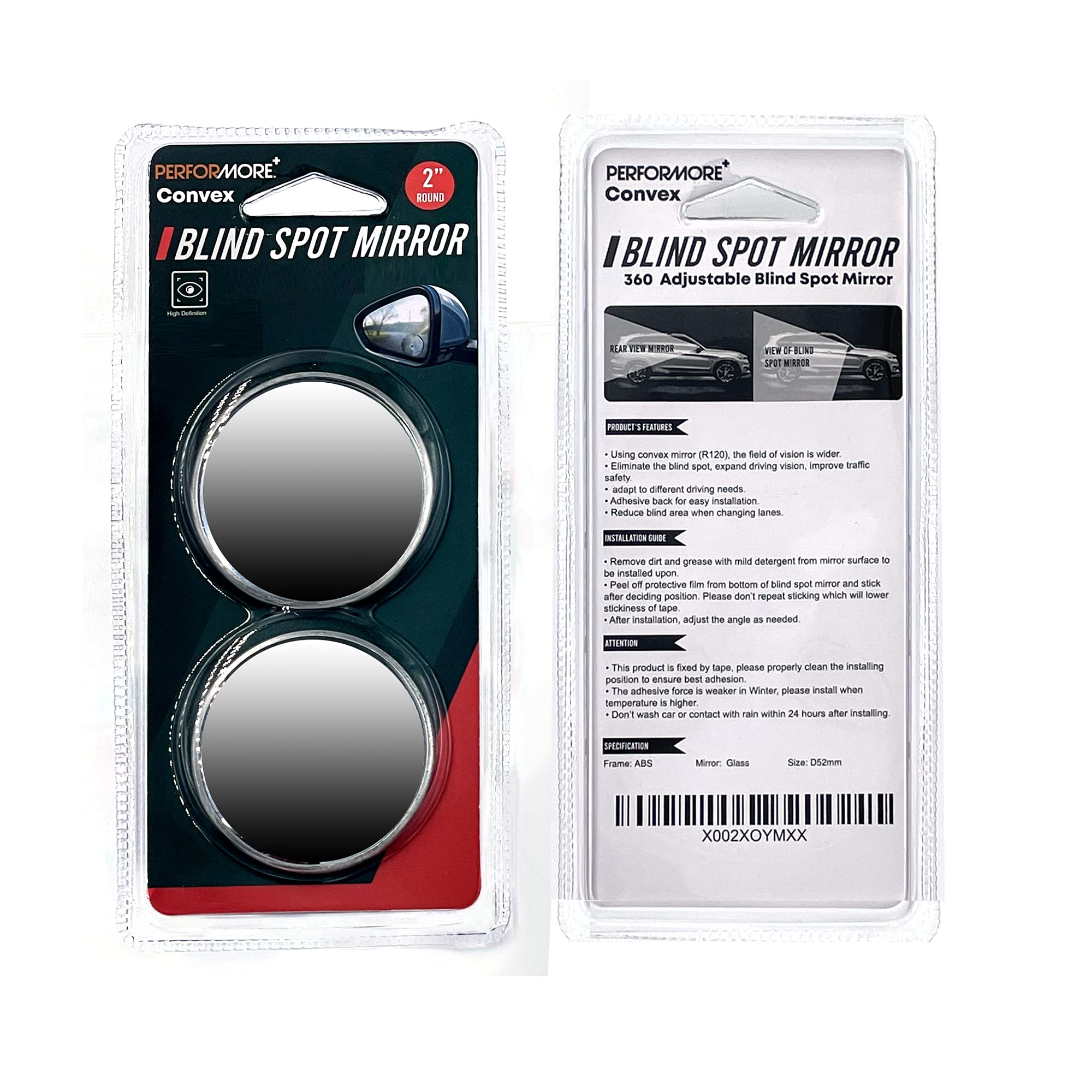 Performore 2 Pack Of Blind Spot Car Mirrors, 2 Inch Round Hd Glass Convex Rear View Wide Angle Side Mirror Blindspot With Self Adhesive Back For Universal Vehicles