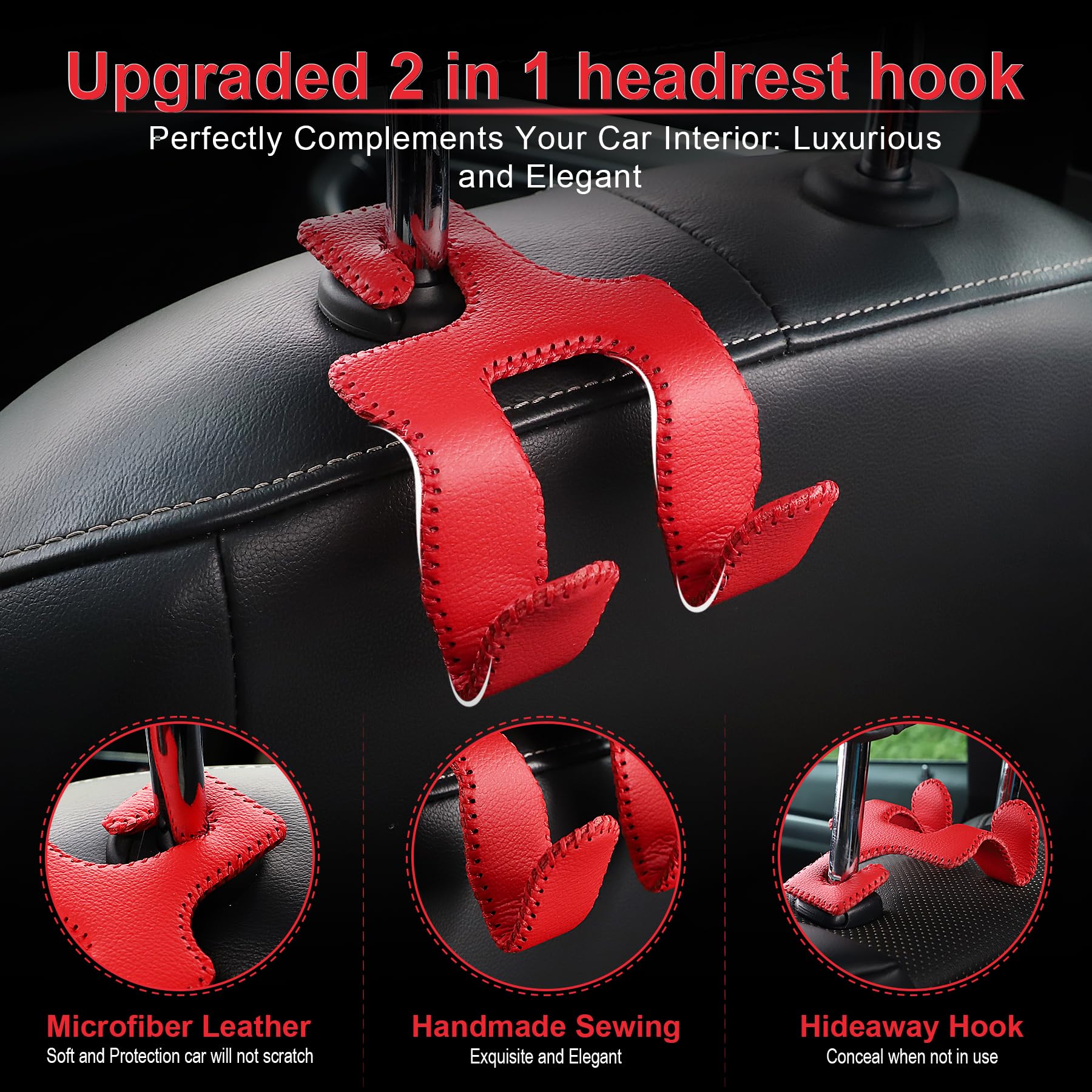 Livtee Upgraded Superior Leather Car Seat Back Headrest Hook, 2 In 1 Auto Seat Hook Hangers Holder Organization Interior Accesso