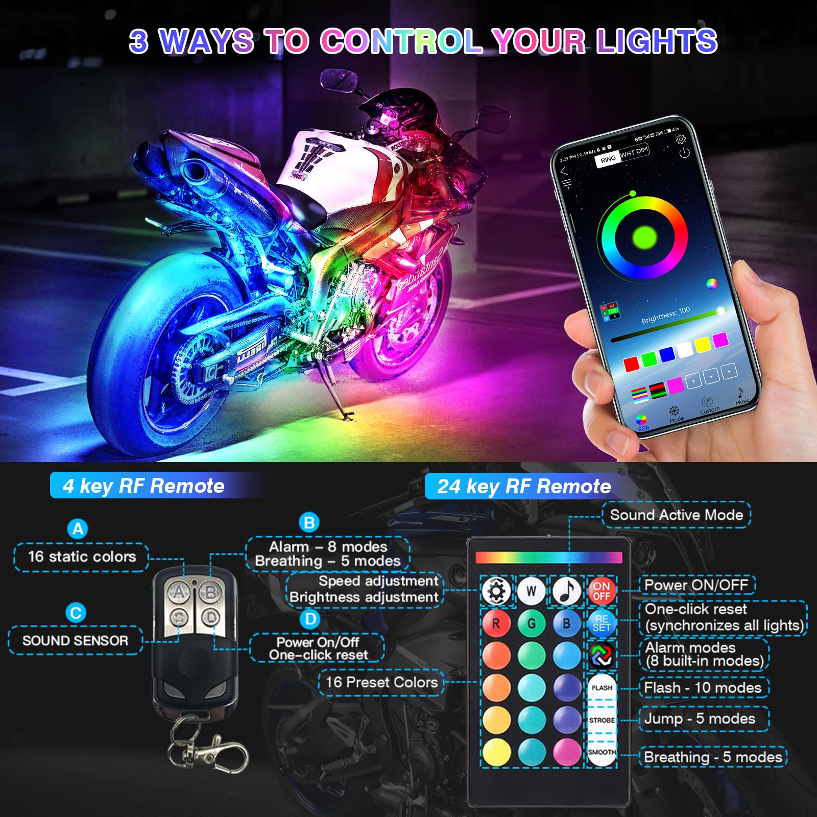 Ld Darkeagle 8Pcs Segmented Motorcycle Led Lights Kit With Brake Lights Turn Signal, Motorcycle Led Underglow Kit With App/Rf Re