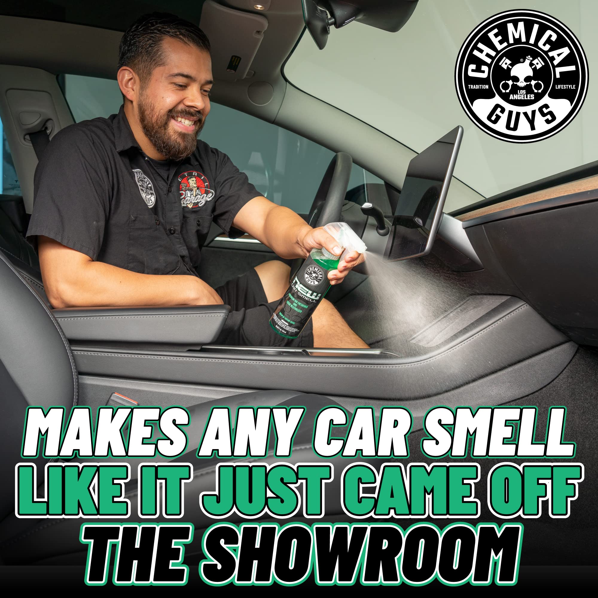 Chemical Guys New Car Smell Air Freshener, 16 fl oz - Long-Lasting Odor Eliminator for Cars, Trucks, SUVs & RVs - Black, Green