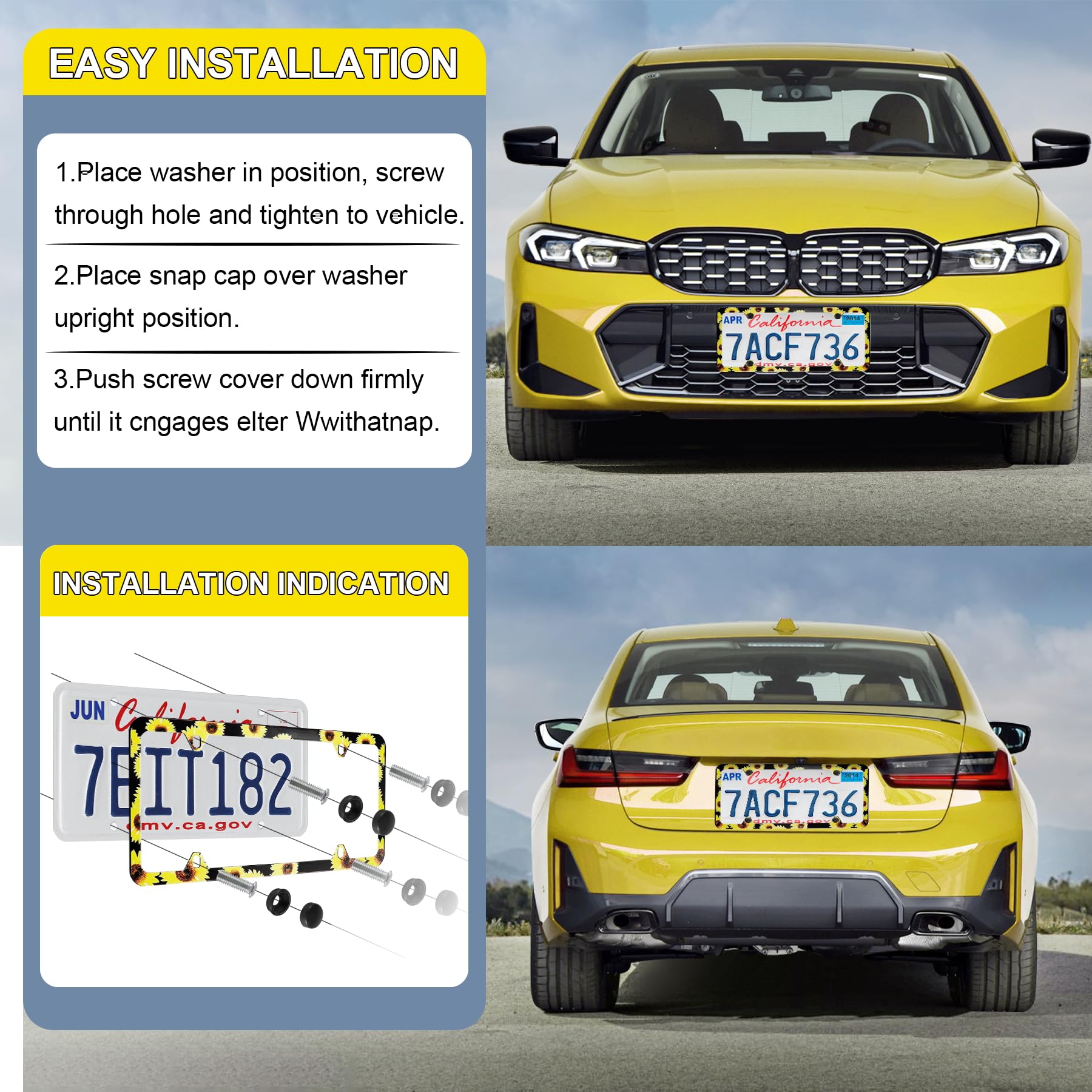 Livtee Flower License Plate Frames, 4 Holes Stainless Steel License Plate Covers, 2Pcs Car License Plate Holder, Automotive Exte