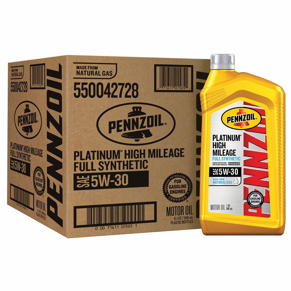 Pennzoil 550042728-6Pk Platinum High Mileage Full Synthetic 5W-30 Motor Oil For Vehicles Over 75K Miles (1-Quart, Case Of 6)
