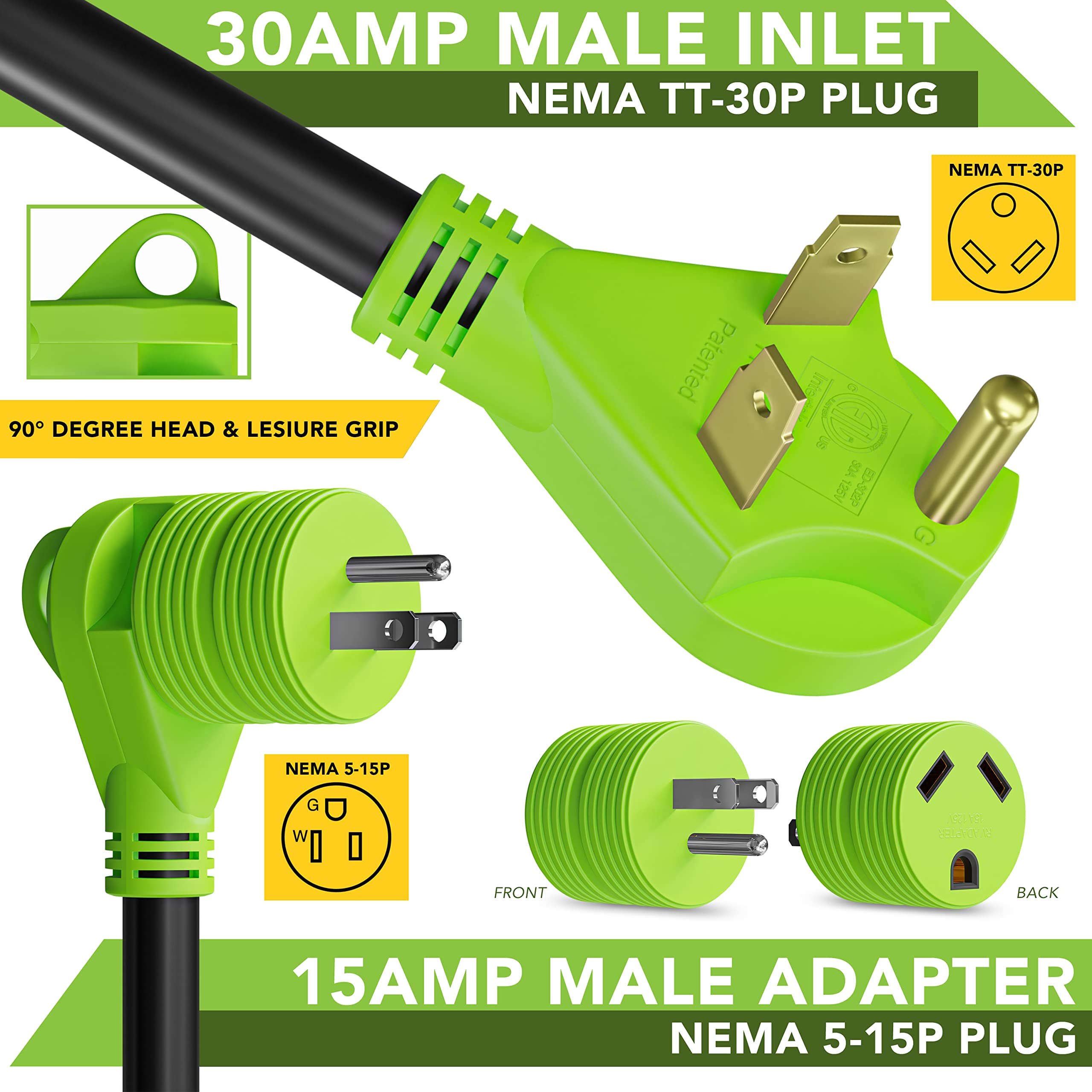 Leisure Cords 15 Foot Power/Extension Cord with 30 AMP Male Standard / 30 AMP Female Locking Adapter (30 Amp - 15 Foot)