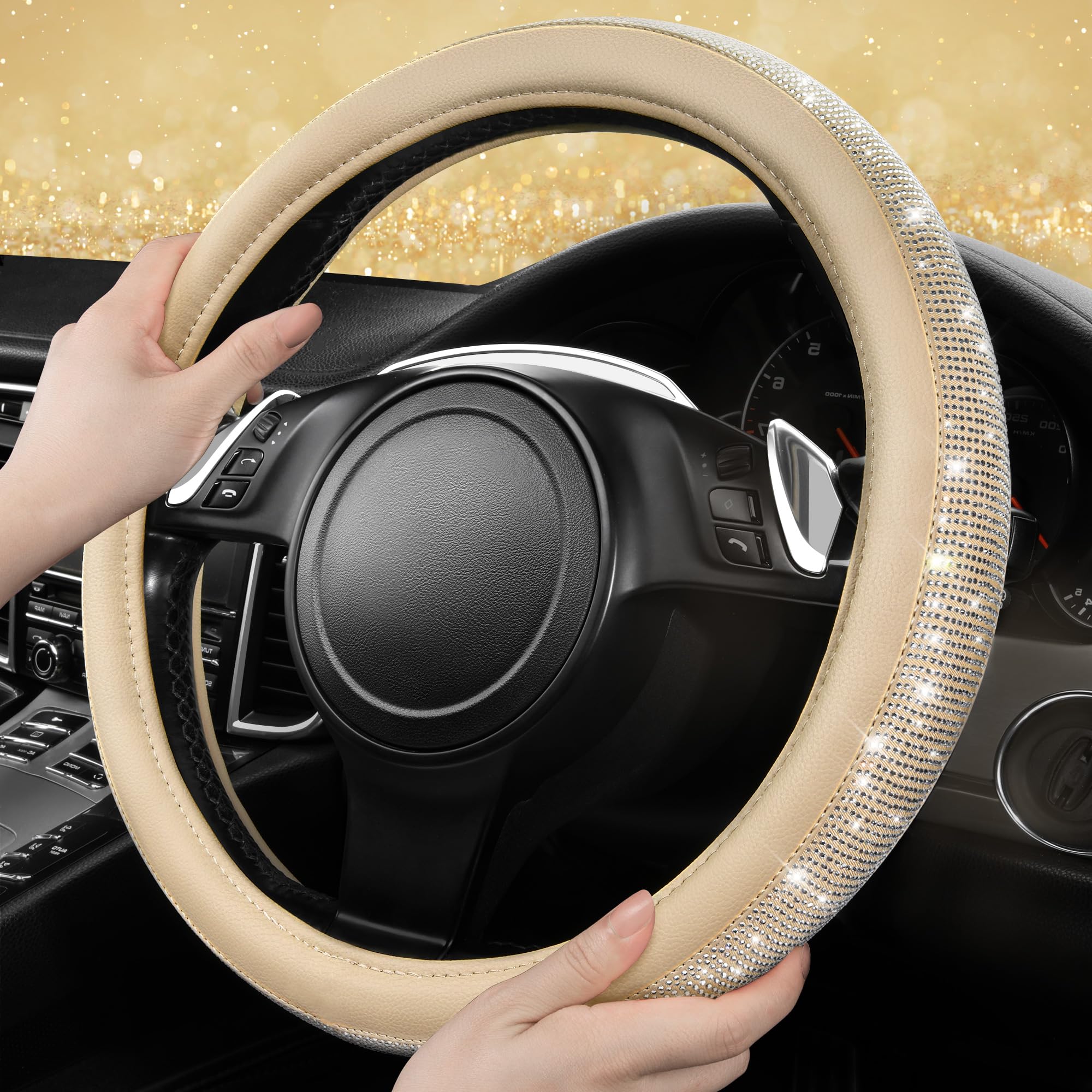 Car Pass Bling Diamond Beige Leather Steering Wheel Cover, White Sparkly Crystal Glitter Rhinestones Universal Fit 14 1/2-15 Car Wheel Protector For Women Girl Fit Suvs,Vans,Sedans,Trucks, Beige