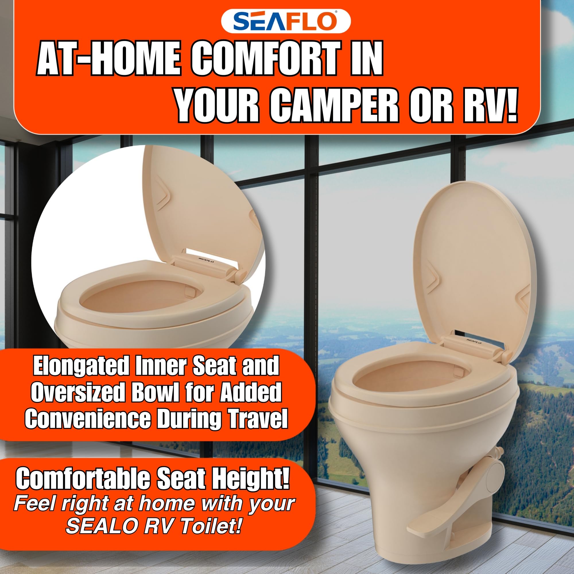 Seaflo Rv Toilet - Standard Height, Gravity Flush, Foot Pedal, Soft Close Lid (Bone Color)