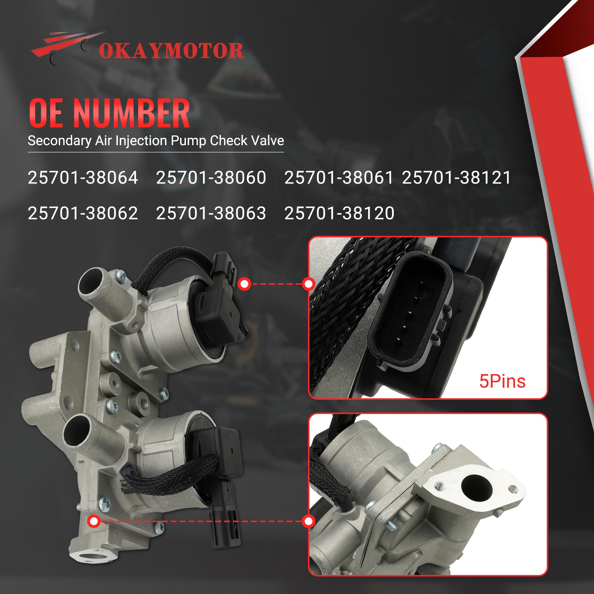 Okay Motor Secondary Air Injection Pump Check Valve For 2007-2021 Toyota Tundra Land Cruiser Sequoia Lx570 5.7L 911-643 25701-38