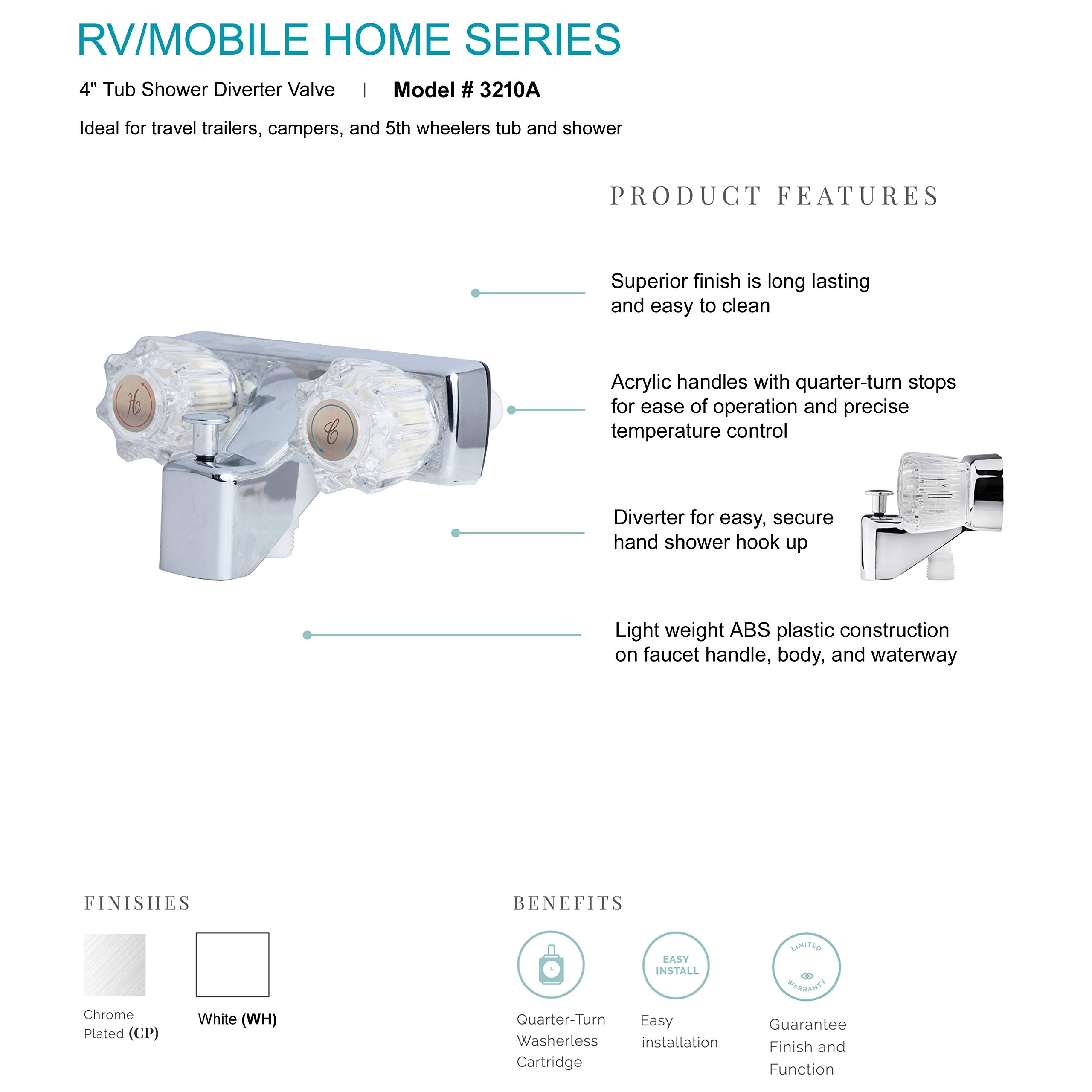 Laguna Brass 3210Awt Rv Replacement Non-Metallic Two Handle 4'' Tub Shower Diverter White Finish
