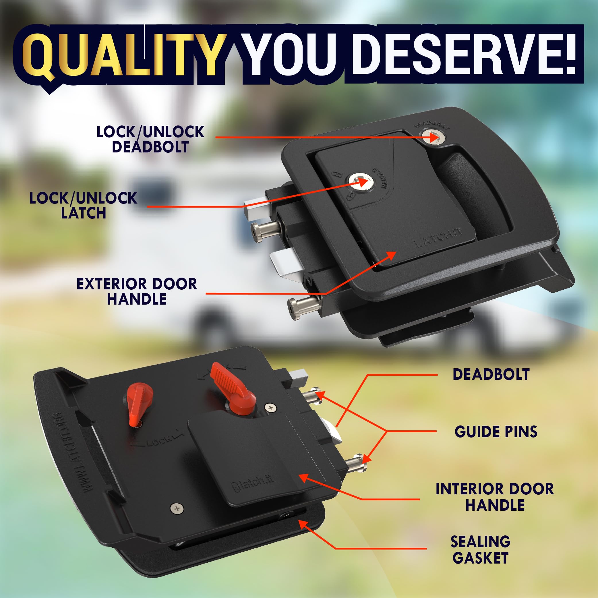 LATCH.IT RV Door Lock Replacement - Metal Mechanical Lock, Class C, 3.50" x 4.50" Hole, Black, Model RVL3249, Includes 2 Keys