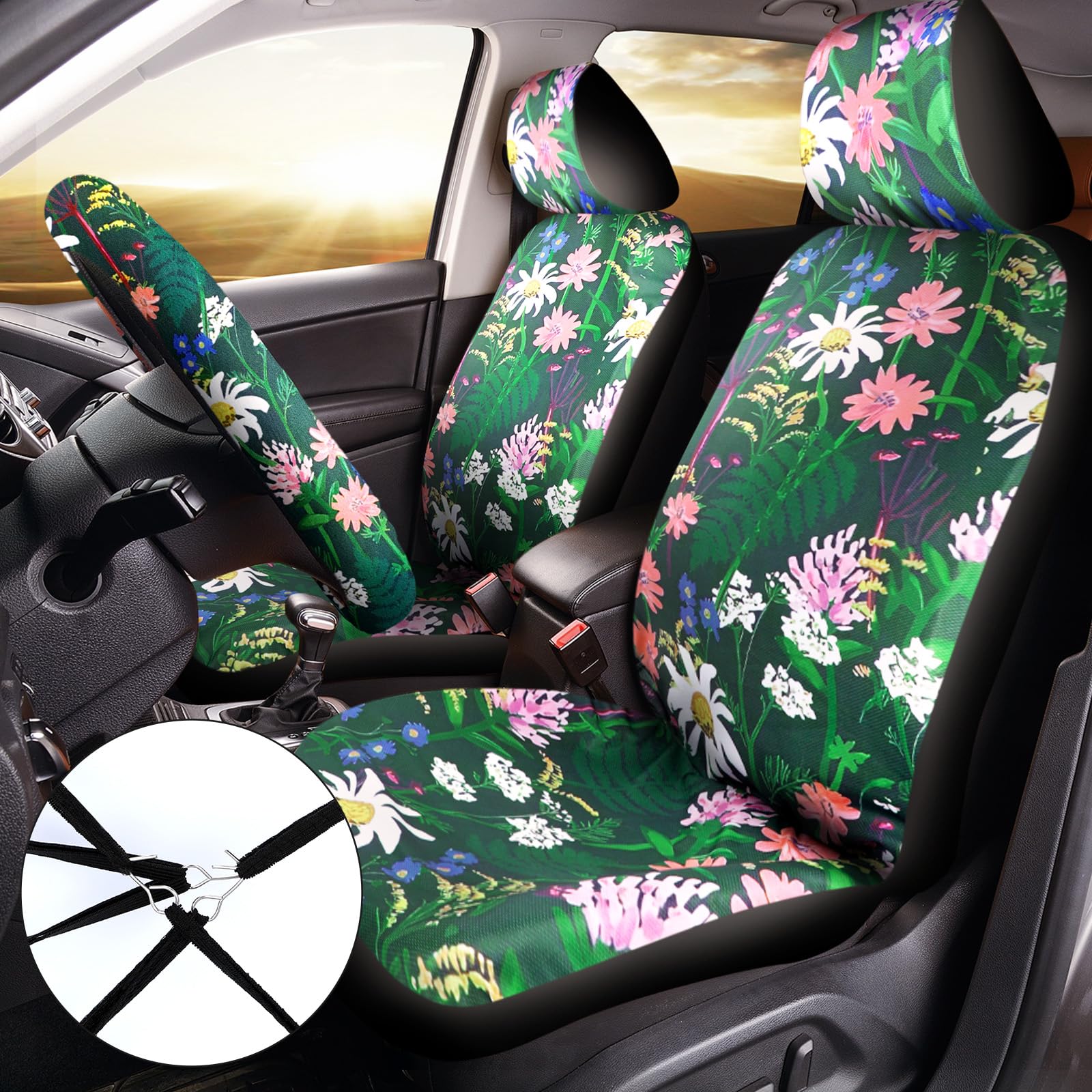 Frienda 13 Pcs Floral Print Car Seat Cover Full Set for Women Men Print Car Accessories Rubber Steering Wheel Armrest Pad Cover