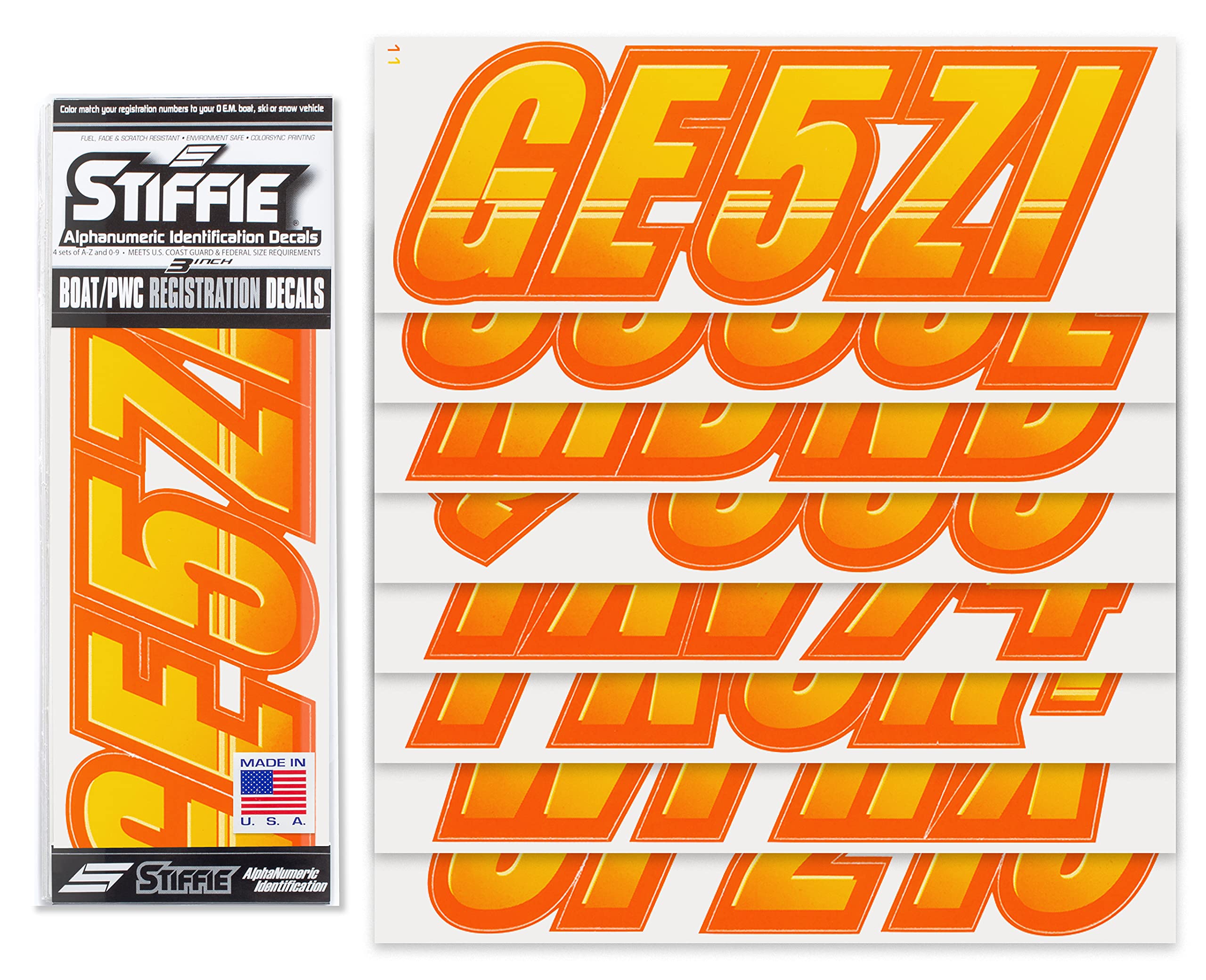 Stiffie Techtron Yellow/Orange 3 '' Boat & Pwc Registration Decals  Numbers Letters Stickers