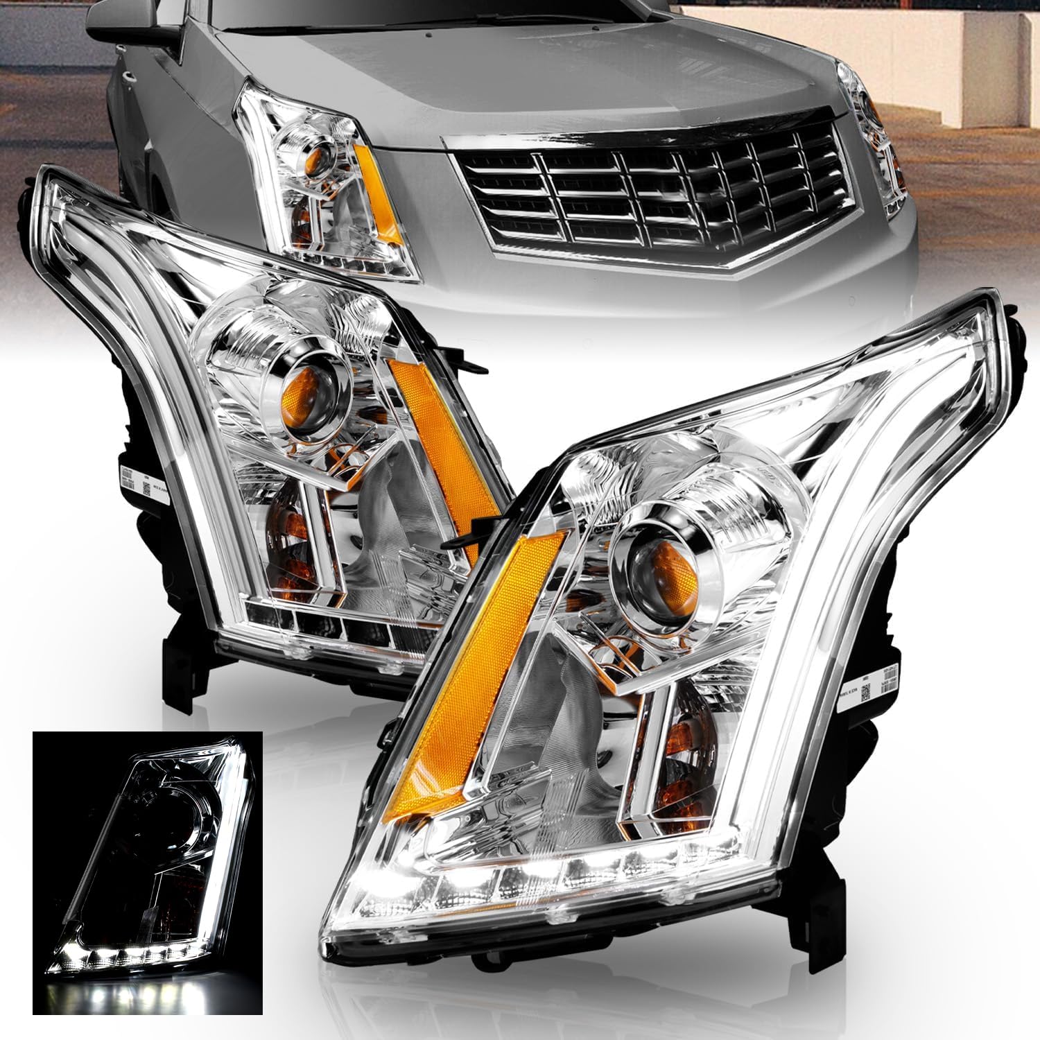 Amerilite Chrome Projector Replacement Headlights Plank Led Bar Set For 2010-2016 Cadillac Srx Halogen Bulb Version Only - Passe