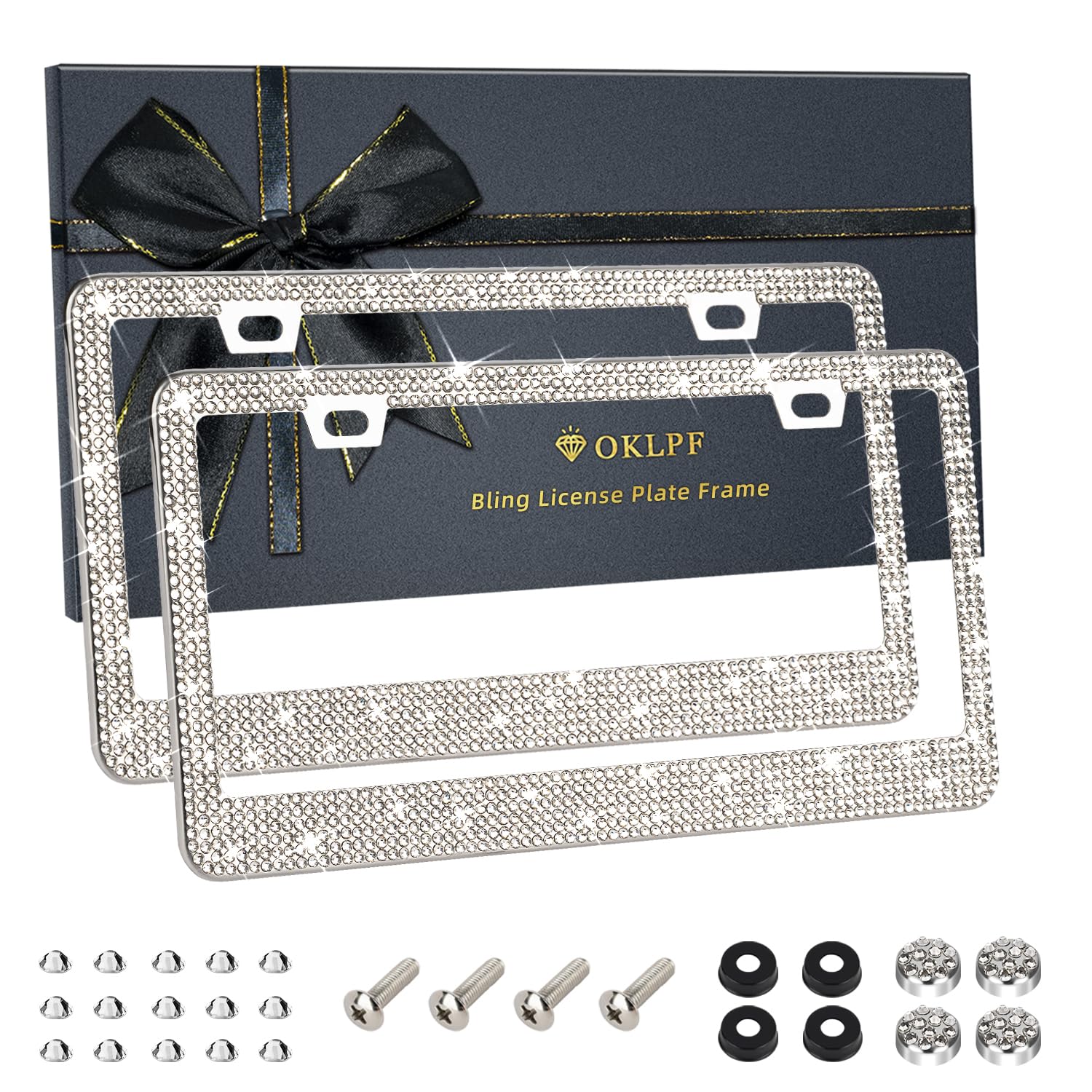 Oklpf 2 Pack White Bling License Plate Frames, Sparkly Diamond Car License Plate Holder, Suitable For Both Men And Women, Come W