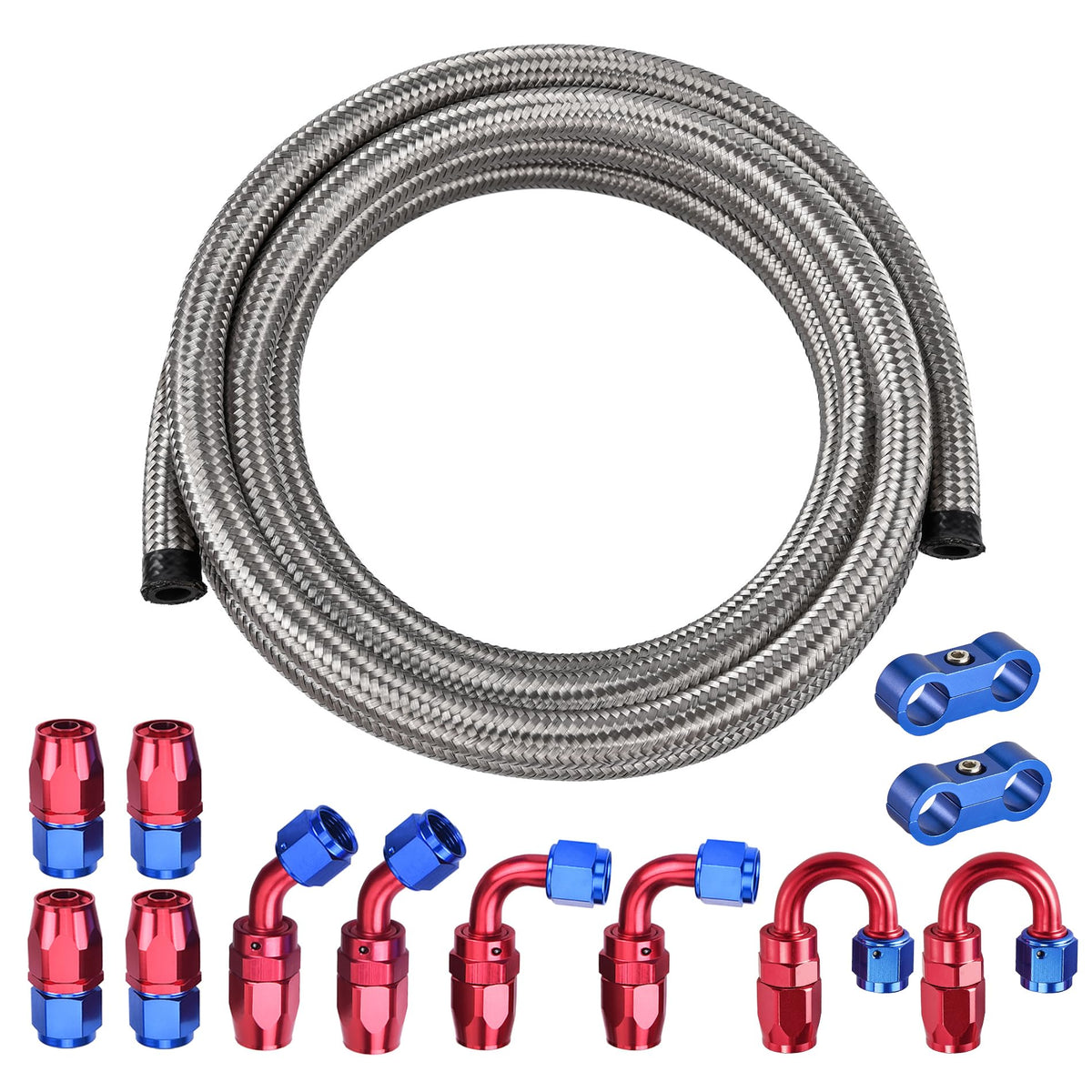 EVIL ENERGY 8AN Fuel Line Kit 20FT, 8AN Hose Stainless Steel Braided Fuel Line Hose Fitting Kit CPE, Silver