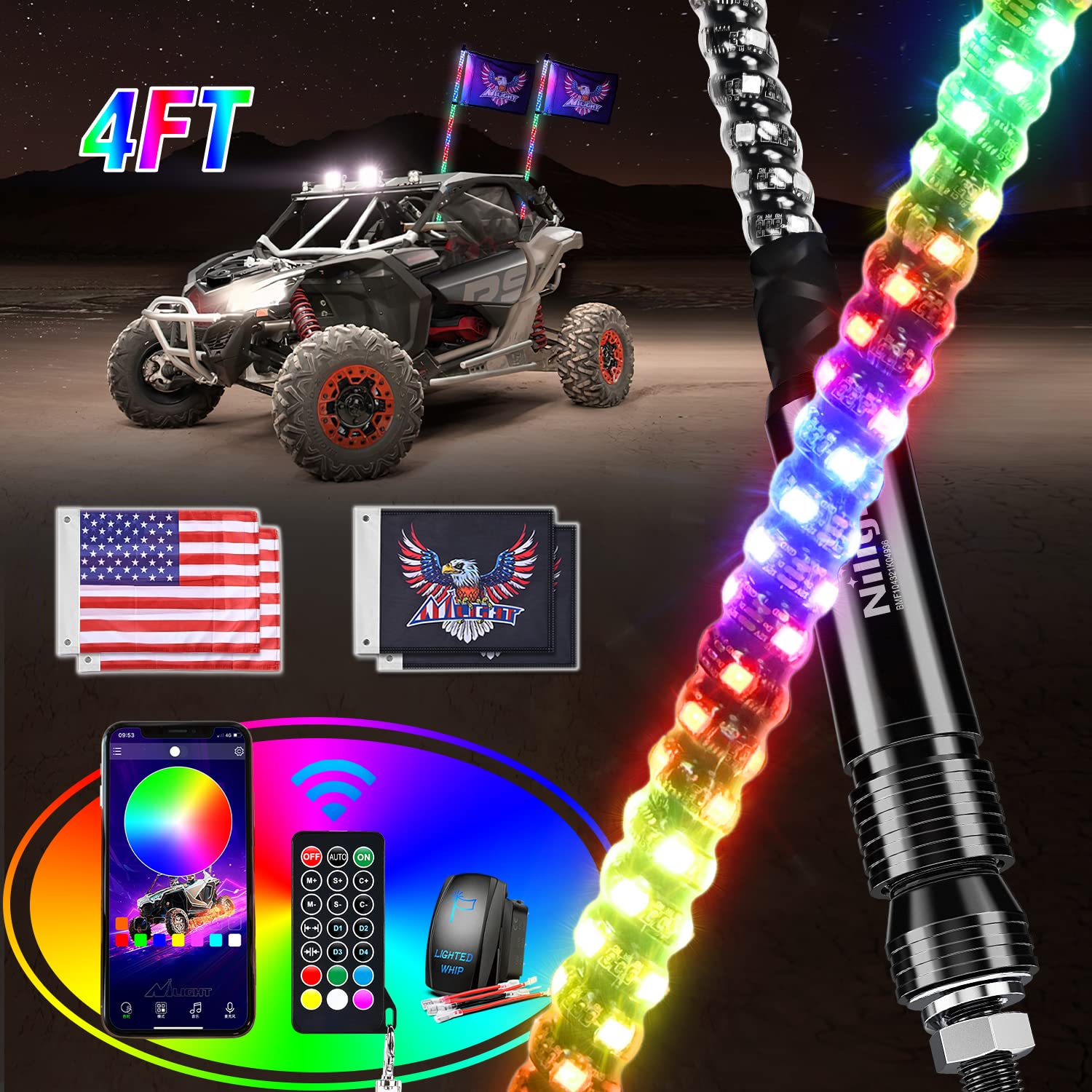 Nilight 2PCS 4FT RGB LED Whip Lights, Remote App Control w/DIY Chasing Patterns Stop Turn Reverse Modes Safety Lighted Antenna f