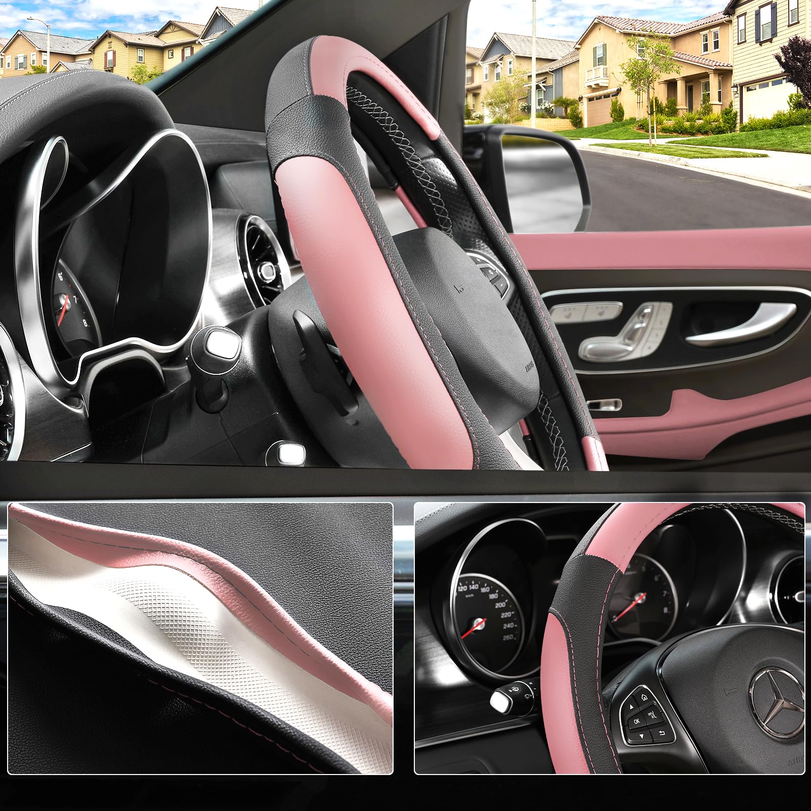 Seg Direct Steering Wheel Cover For Car, Standard Size 14.5-15 Inch, Auto Interior Accessories, Black And Pink