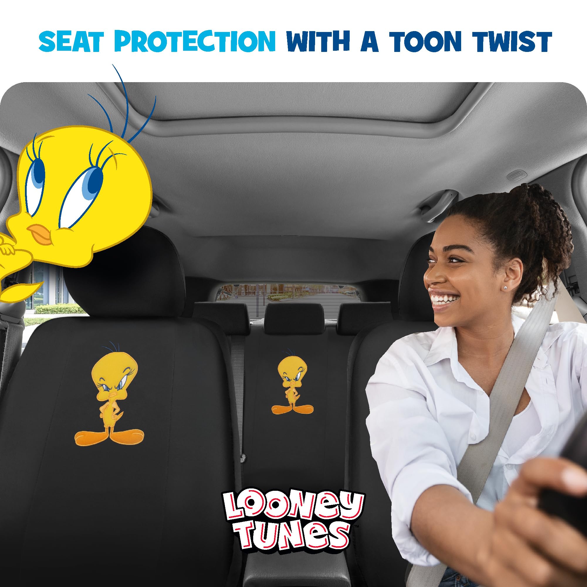Bdk Warner Brothers Looney Tunes Tweety Bird Front & Rear Car Seat Covers Full Set - Easy To Install Durable & Stylish Polyester
