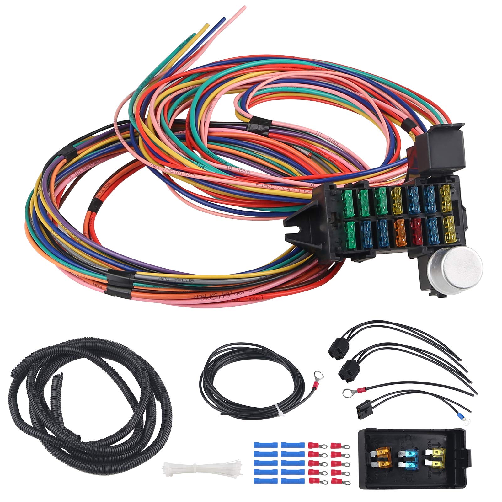 WMPHE 14 Circuit Wiring Harness Kit, Professional Universal Electrical Wire Harness, Car Modification Circuit 14 Fuse Compatible