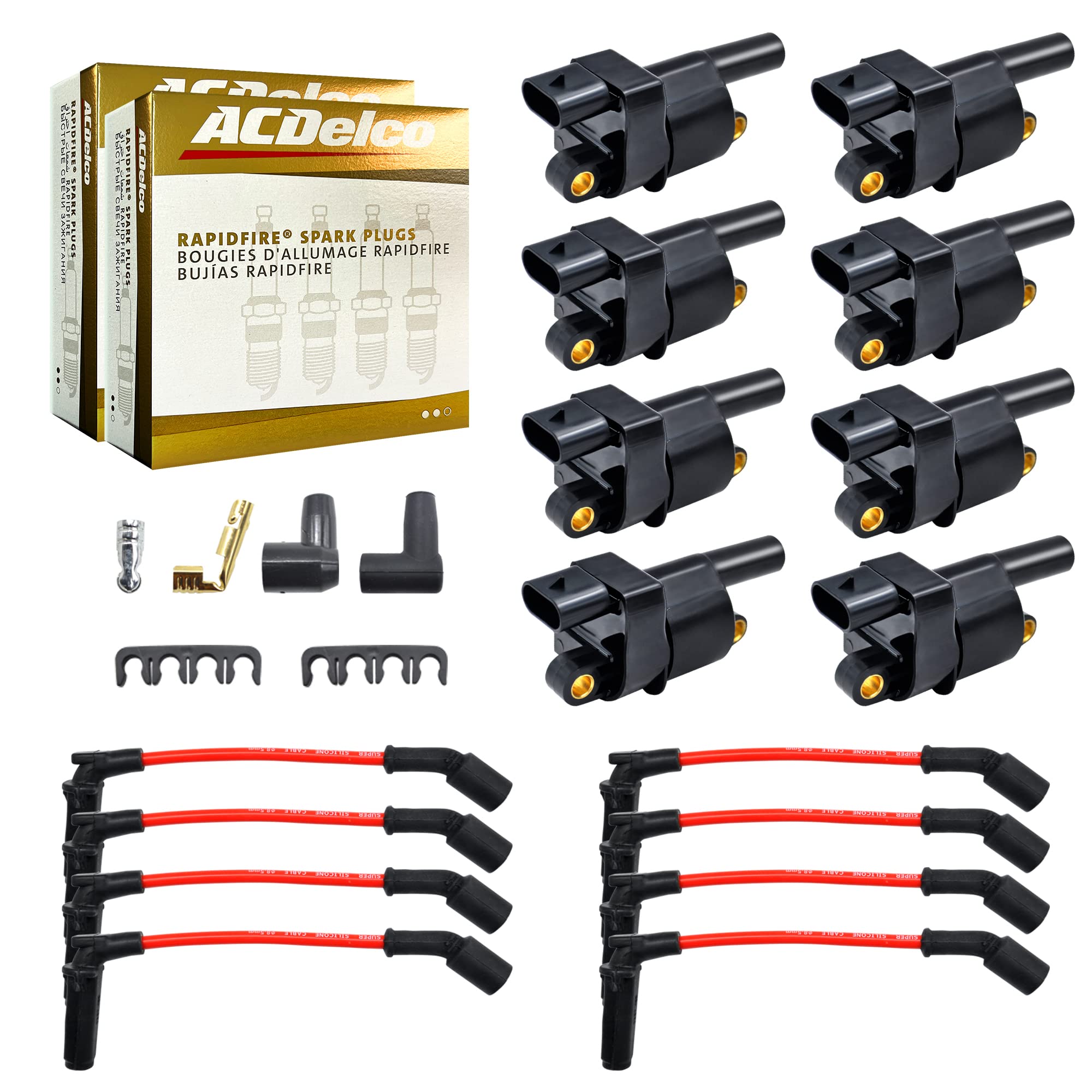 MAS Set of 8 Ignition Coils Pack & Platinum Spark Plugs & Wires Set Compatible with Chevrolet Cadillac GMC Suburban Express Silv